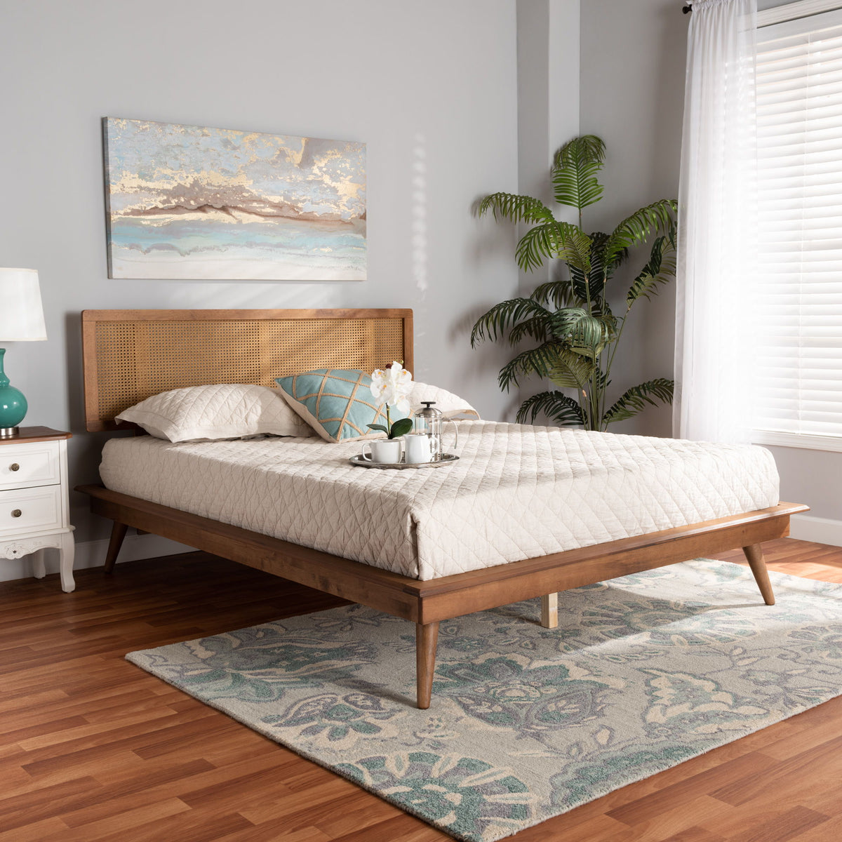 Nura Mid-Century Modern Walnut Brown Finished Wood and Synthetic Rattan Full Size Platform Bed