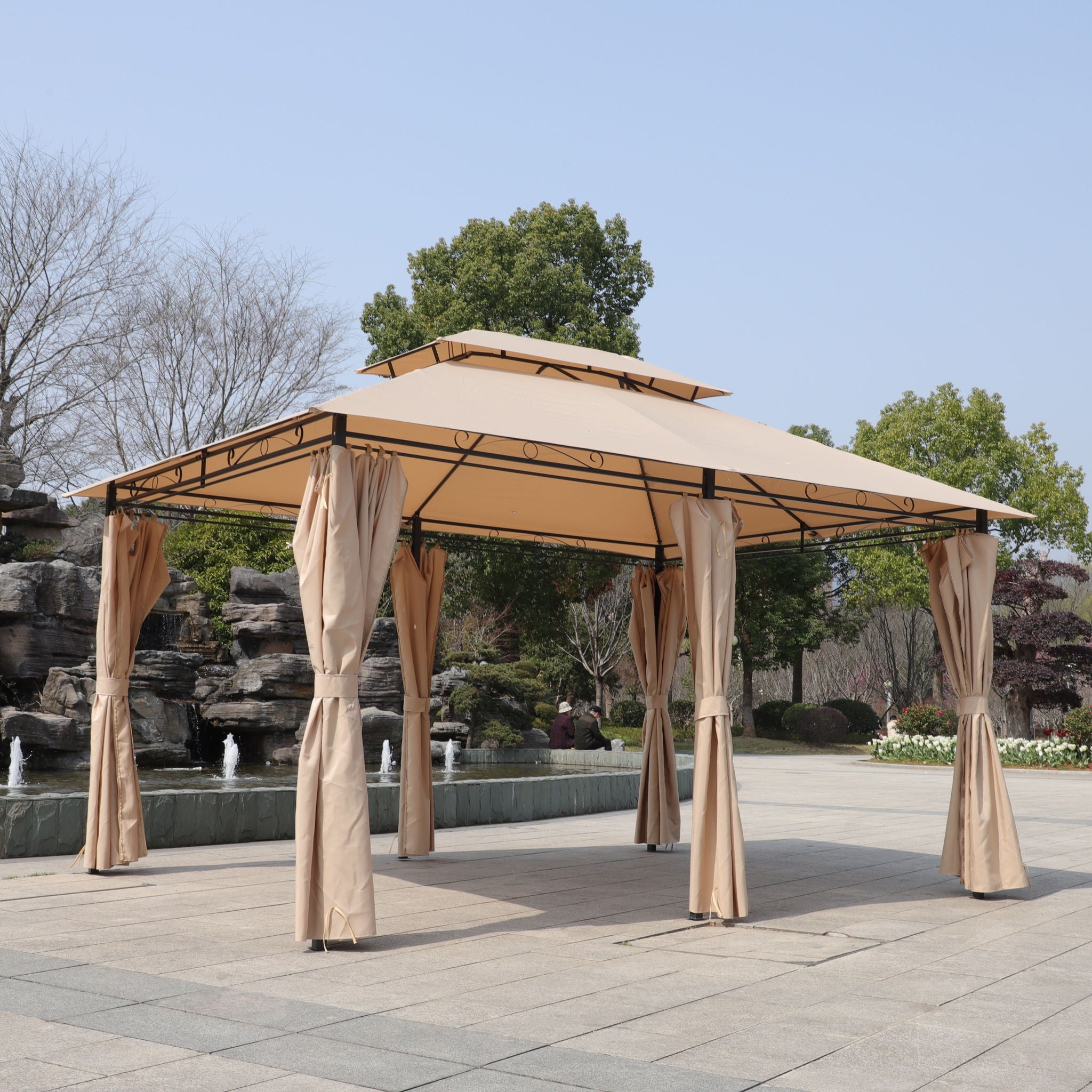 Outdoor Patio Gazebo Tent With Ventilated Double Roof And Sidewall