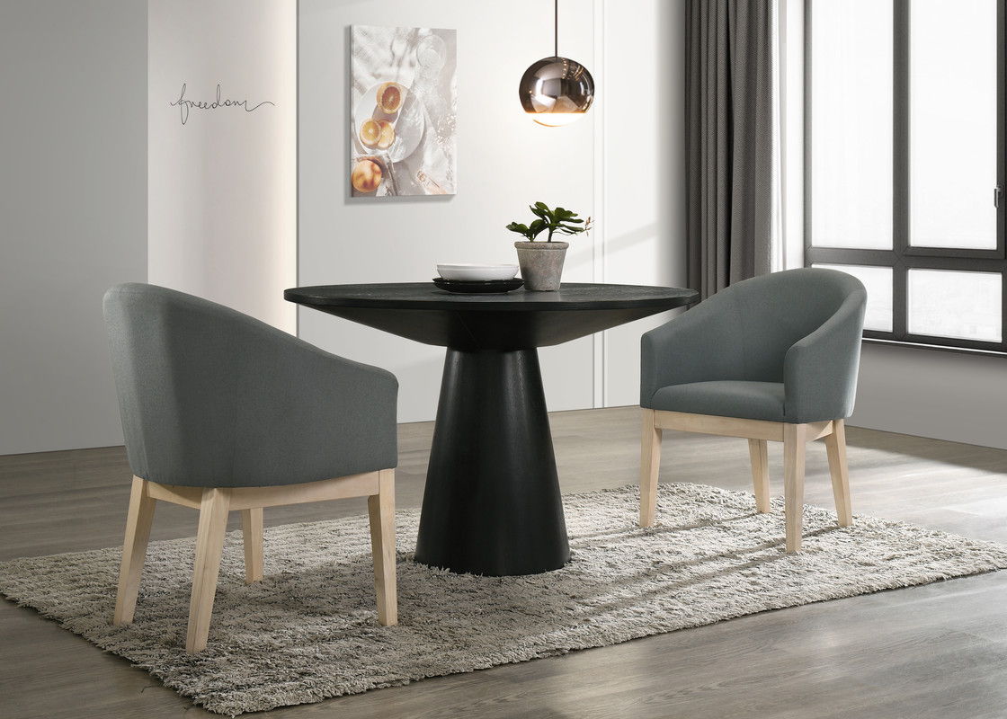 Jasper Ebony Black 3 Piece 47" Round Dining Table Set with Pedestal Base and Gray Barrel Chairs