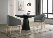 Jasper Ebony Black 3 Piece 47" Round Dining Table Set with Pedestal Base and Gray Barrel Chairs