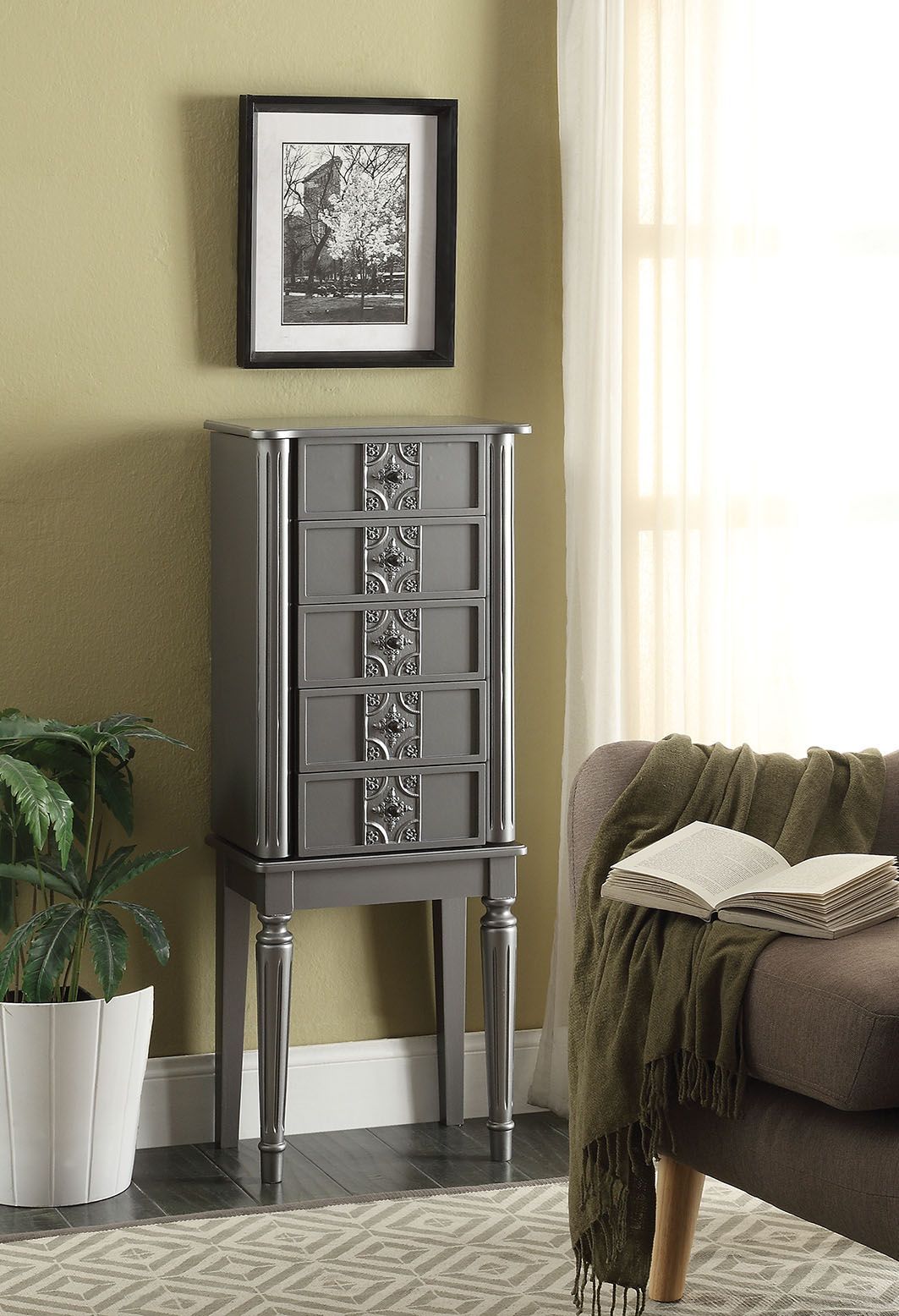 ACME KD Leg, 4 Drw • Top: Lid w/Mirror, Jewelry Storage & Cord mgmt: PreCut Hole (Velvet Lined) • Side Doors w/Jewelry Storage (Hooks/Velvet Lined) • Drawer: GLIDE Side Wood, Felt-Lined Drawers • Wooden Fluted/Tapered Legs ••• Anti-Tipping Strap Included