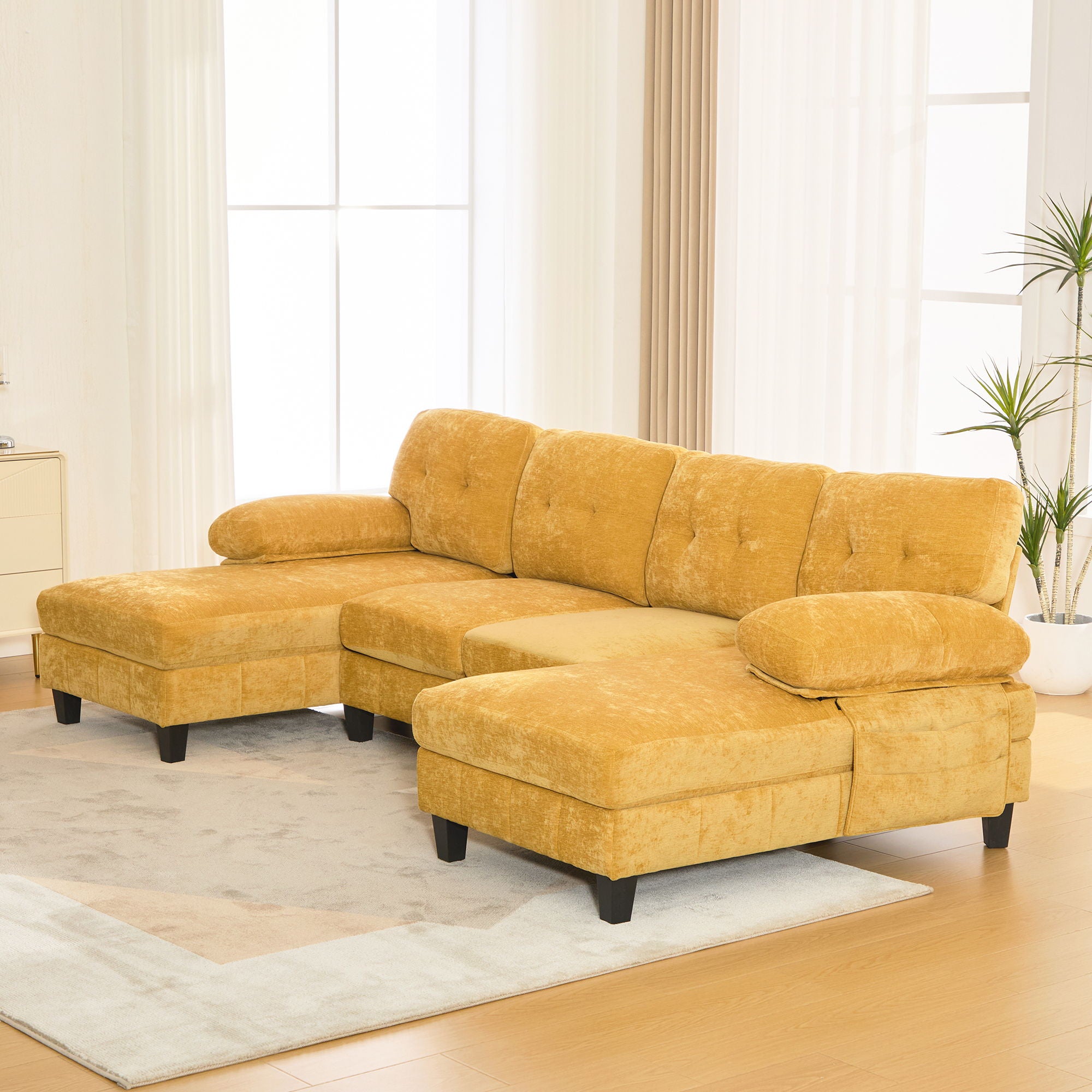 U-Shaped Sectional Sofa 103.5" Black Chenille Fabric Couch With Dual Chaise Lounges, Storage Pockets, Armrest Pillows