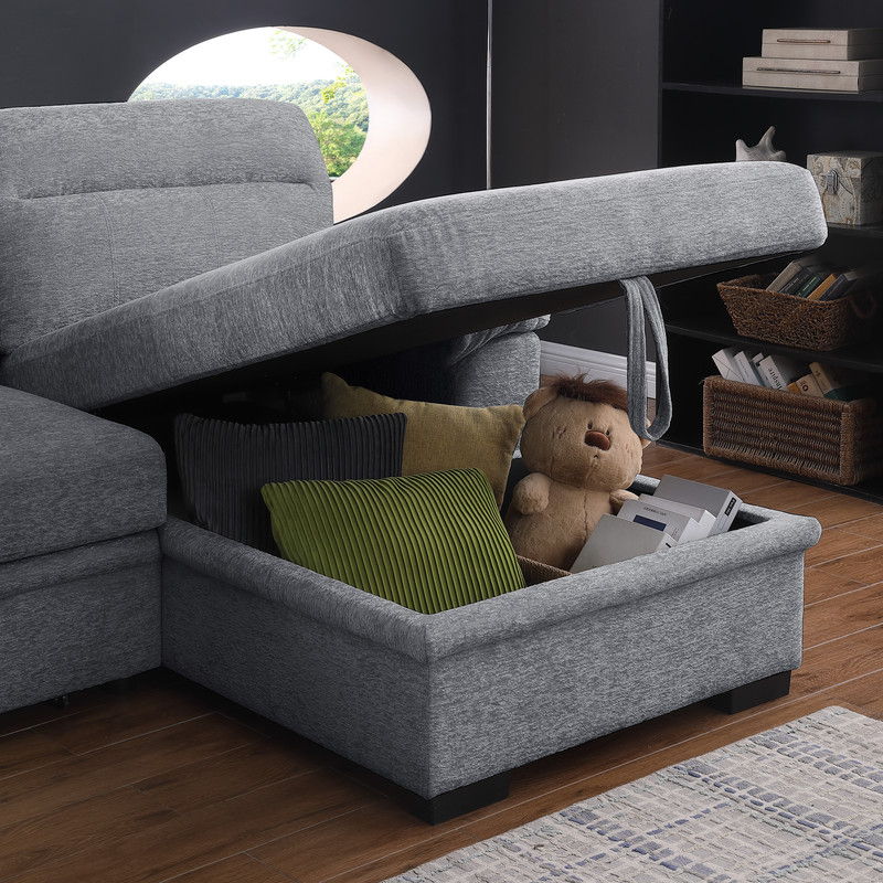 Kipling II 94"W Light Gray Chenille Fabric Sleeper Sectional Sofa with Right-Facing Chaise, Cupholders, USB Charging port