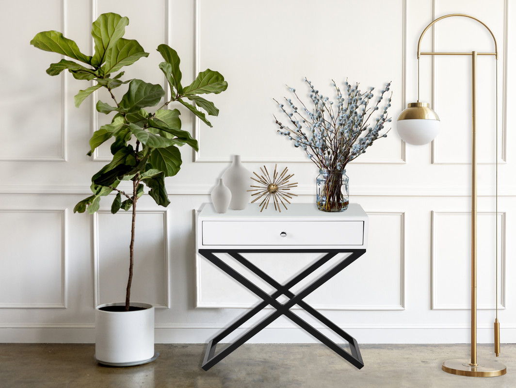 Koda 23"W White Wooden End Side Table Nightstand with Glass Top, Drawer and Metal Cross Base