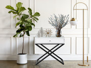 Koda 23"W White Wooden End Side Table Nightstand with Glass Top, Drawer and Metal Cross Base