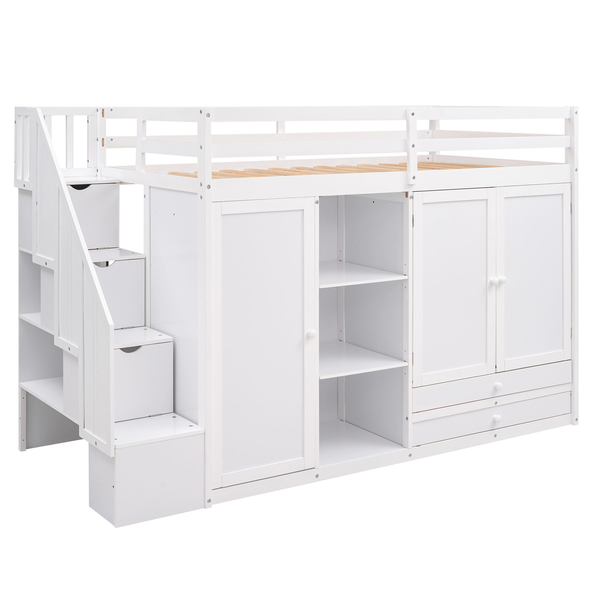 Loft Bed With 3 Shelves, 2 Wardrobes, 2 Drawers, Ladder Storage