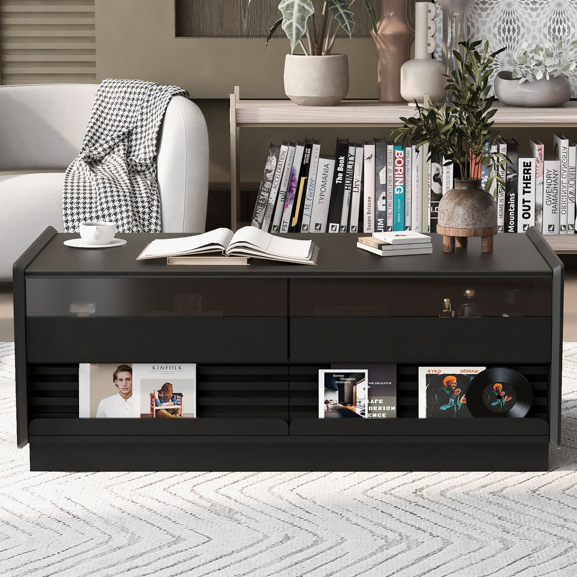 Modern Rectangle Coffee Table With 4 Drawers And 2 Display Shelves