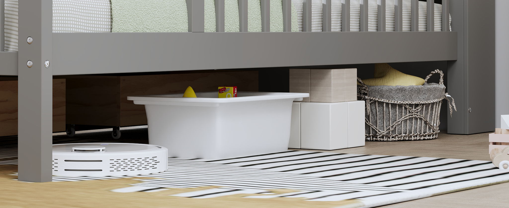 Bed With Headboard Storage Rack, 2 Under Bed Drawers, 3 Side Guardrails For Safety