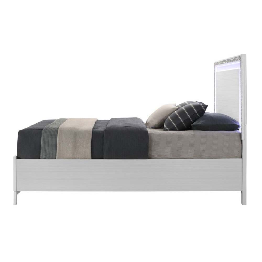 Box Spring Required Panel Headboard w/LED Shimmering Silver Trim Accent Storage Footboard