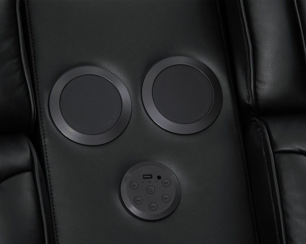 Jazz Black Leather Aire Transformer Power Reclining Sofa & Loveseat Living Room Set with Power Headrest, Bluetooth Speakers, LED Lights, Wireless Charging Drop-Down Table, USB & USB-C Ports, Storage & Cupholders