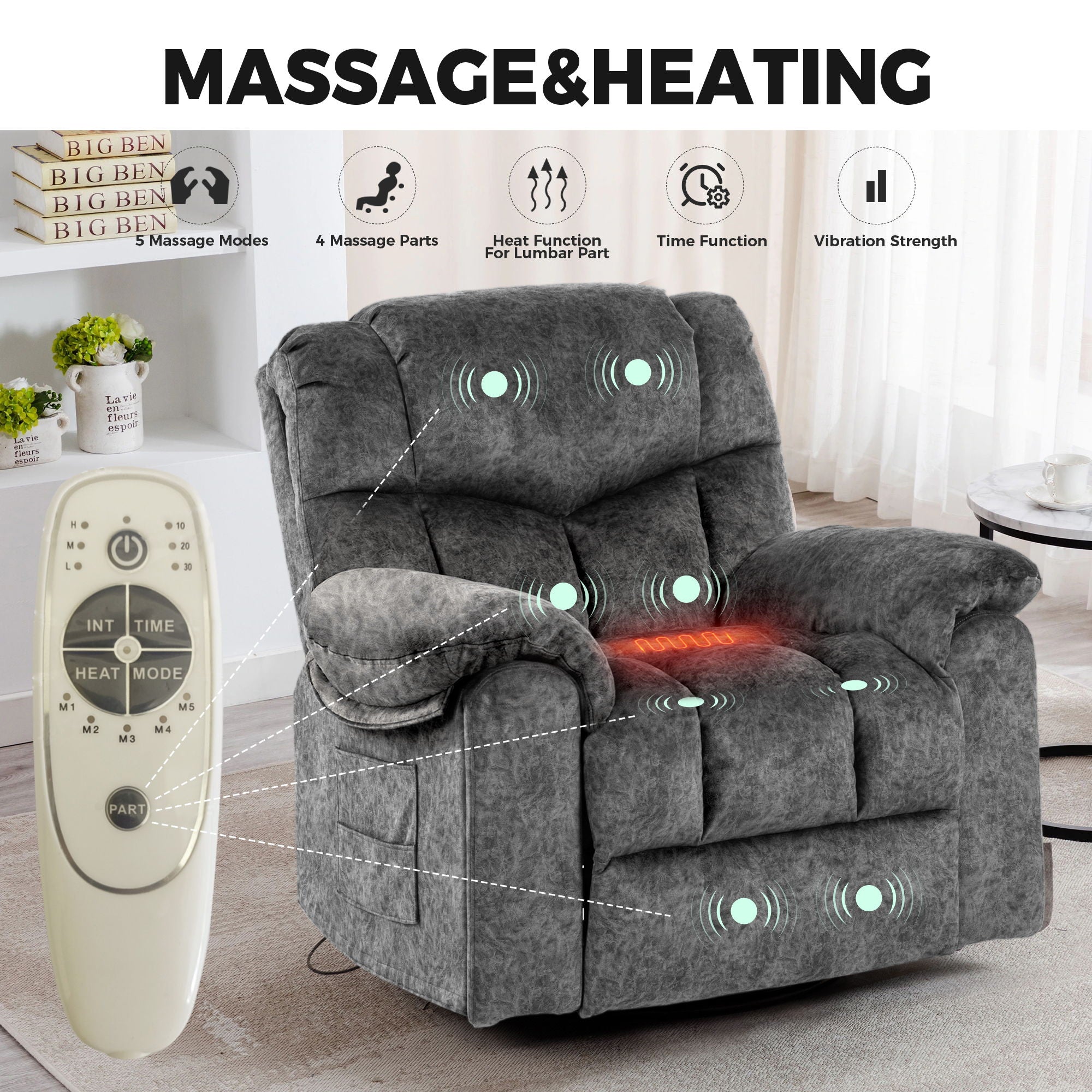 Swivel And Rocking Recliner Chair With Massage And Heating