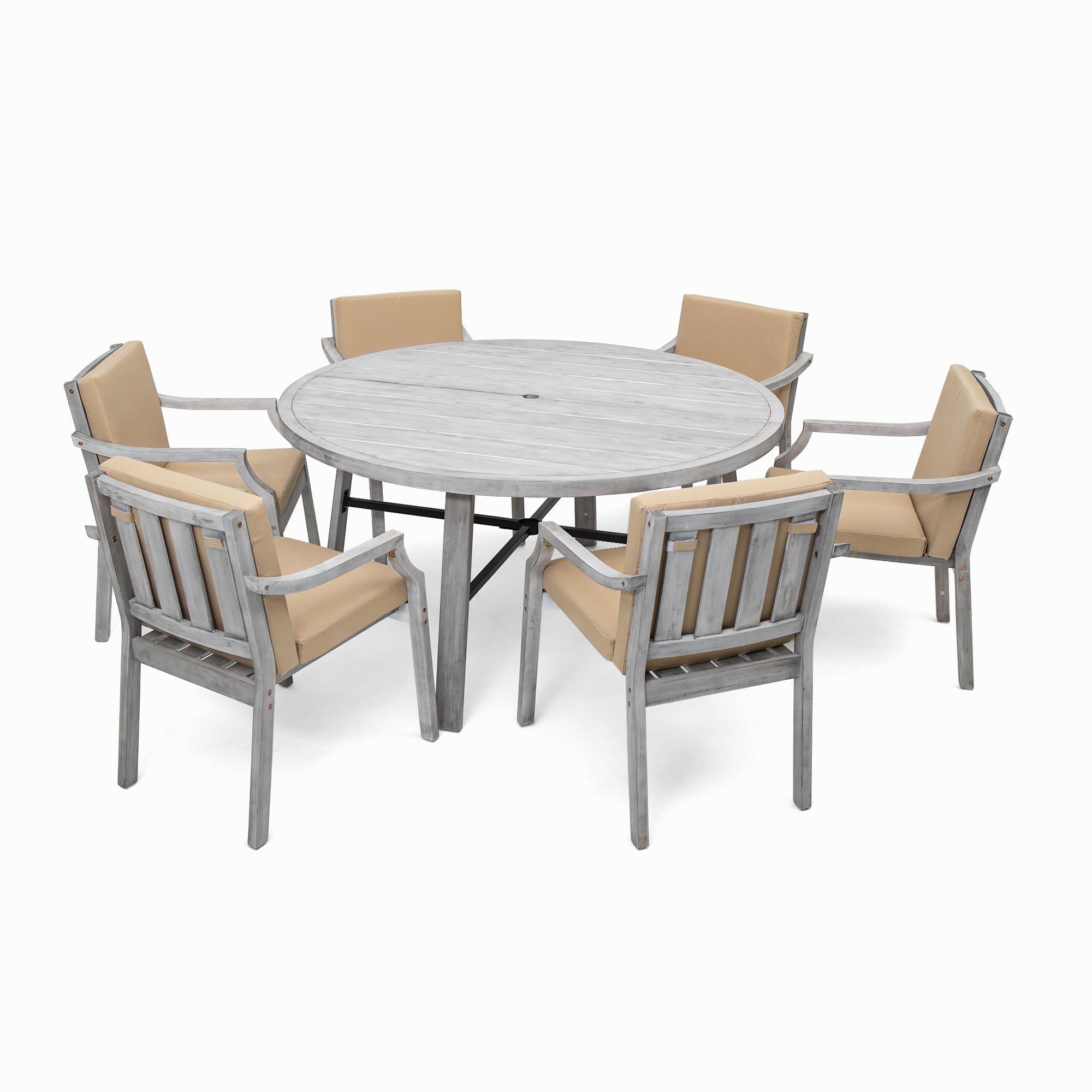 6 Person Outdoor Wooden Dining Set With Umbrella Hole And Removable Cushions For Patio - Gray
