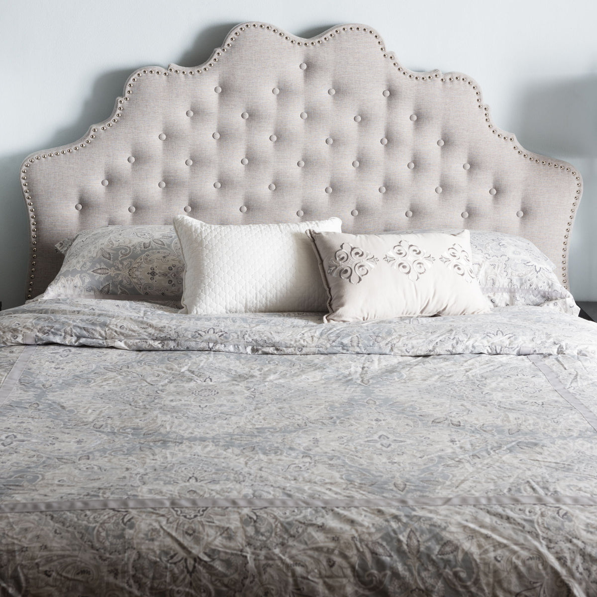 Hilda Modern and Contemporary Greyish Beige Fabric Queen Size Headboard