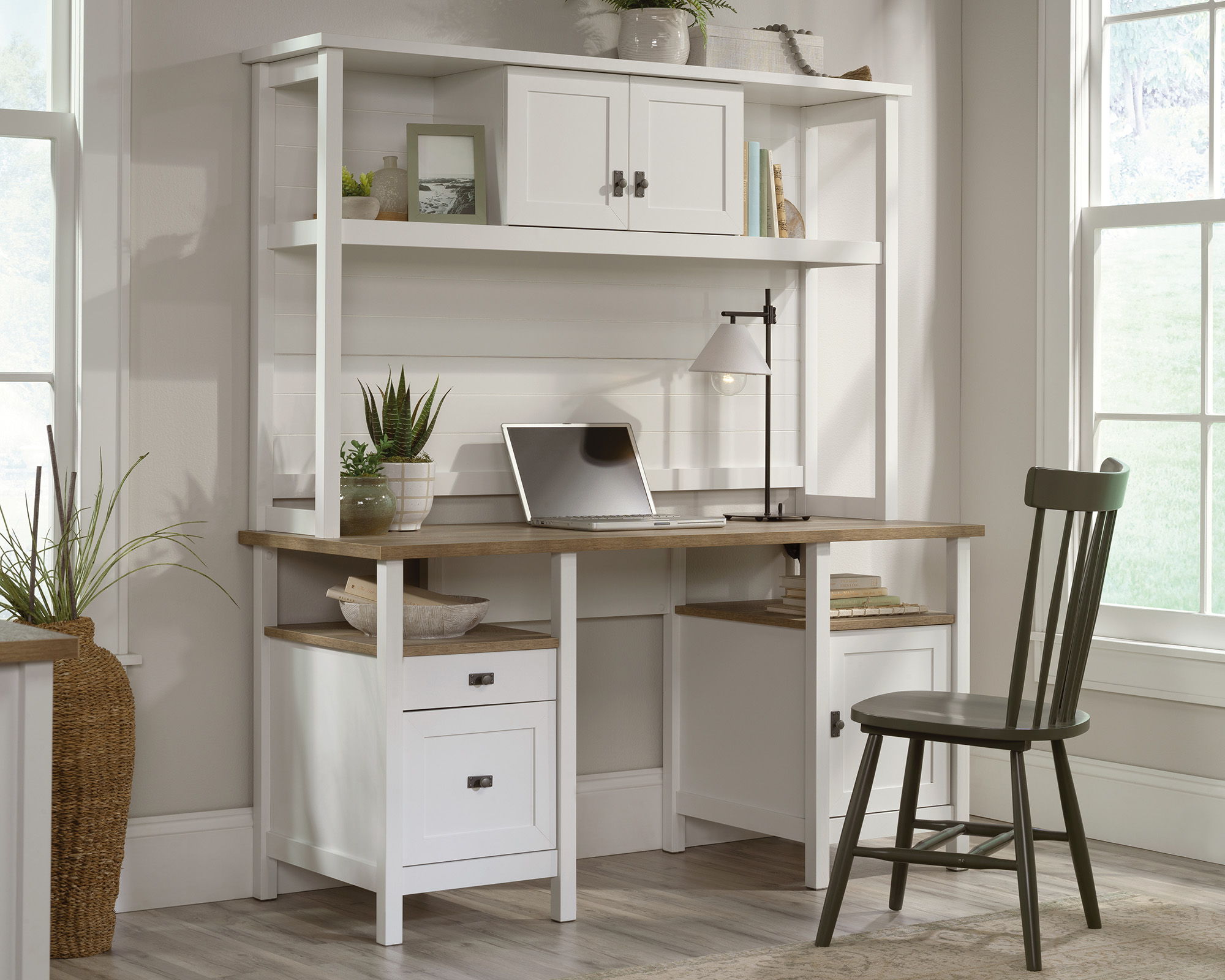 White Double Pedestal Desk with Hutch Bundle