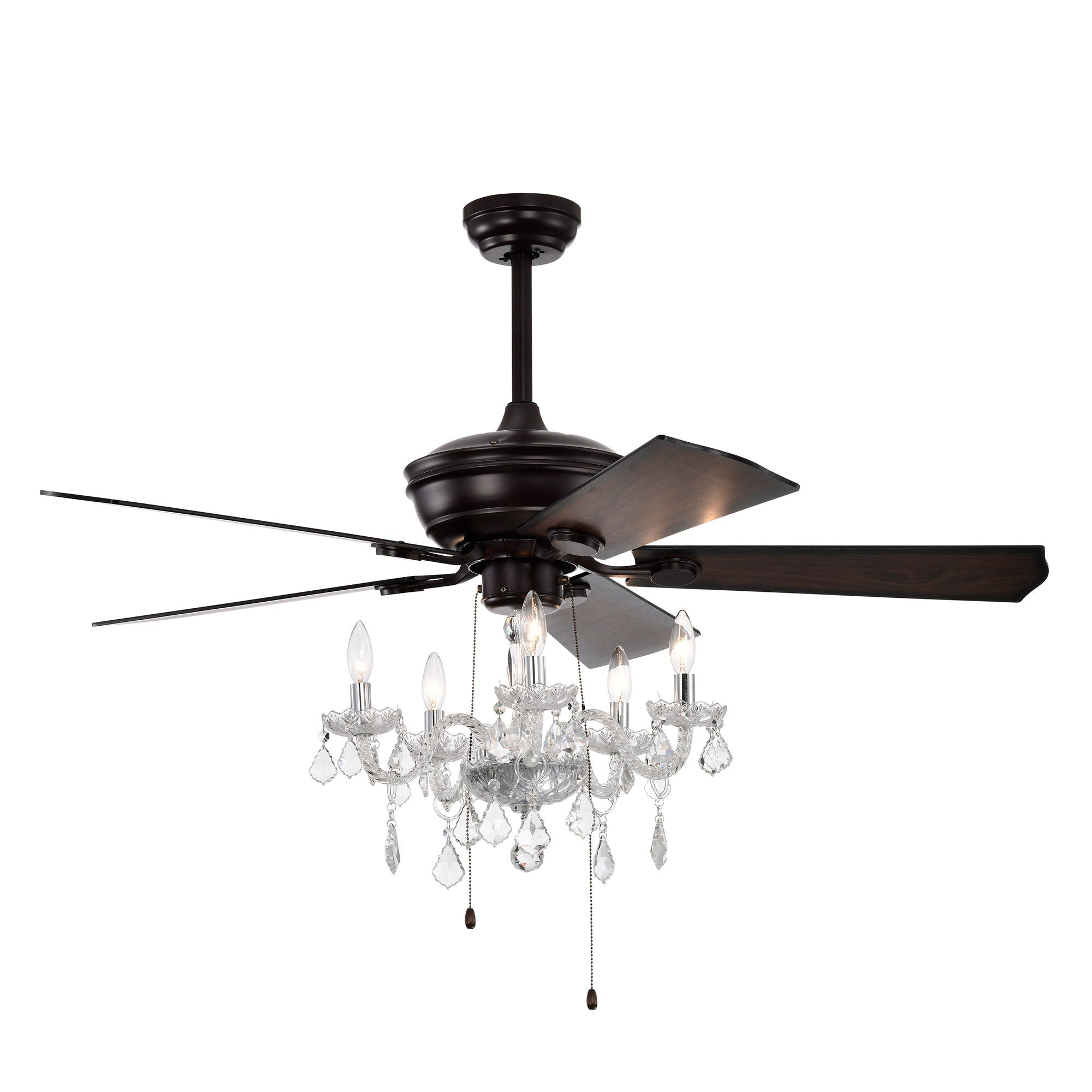 52" Crystal Shade Ceiling Fan Lamp, 3 Speed, 4 Timing, 5 Reversible Blades Crystal Ceiling Fan, 5 Pieces X E12 (No Include Bulb), Hand Pull Chain - Matte Black
