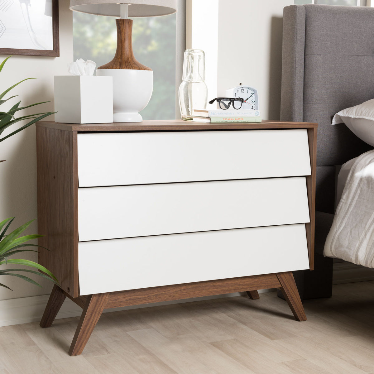 Hildon Mid-Century Modern White and Walnut Wood 3-Drawer Storage Chest