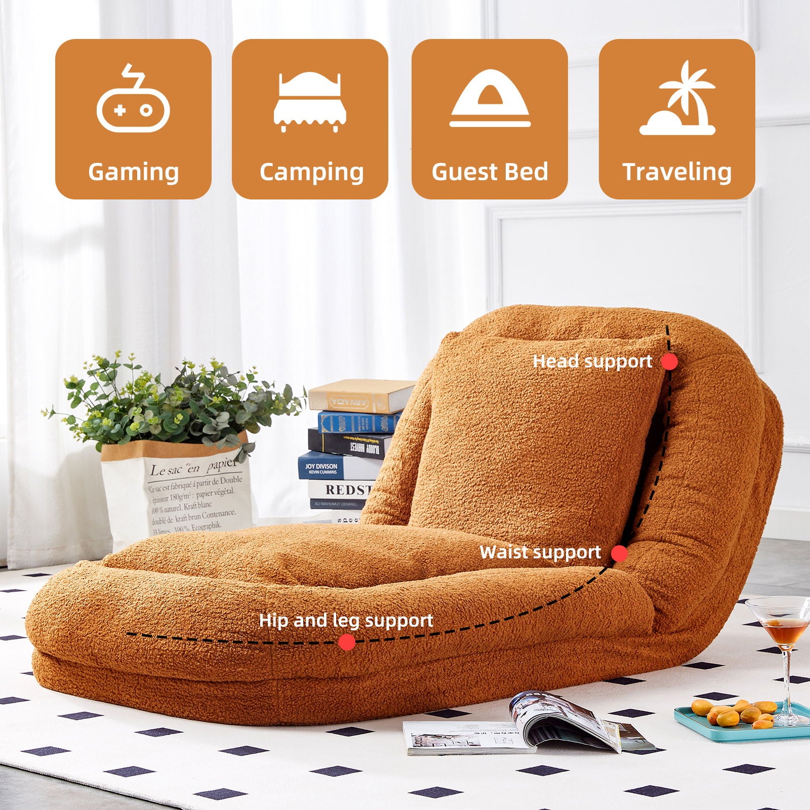 Contemporary Folding Sofa Chair With 5 Adjustable Positions For Gaming, Meditation, And Relaxation