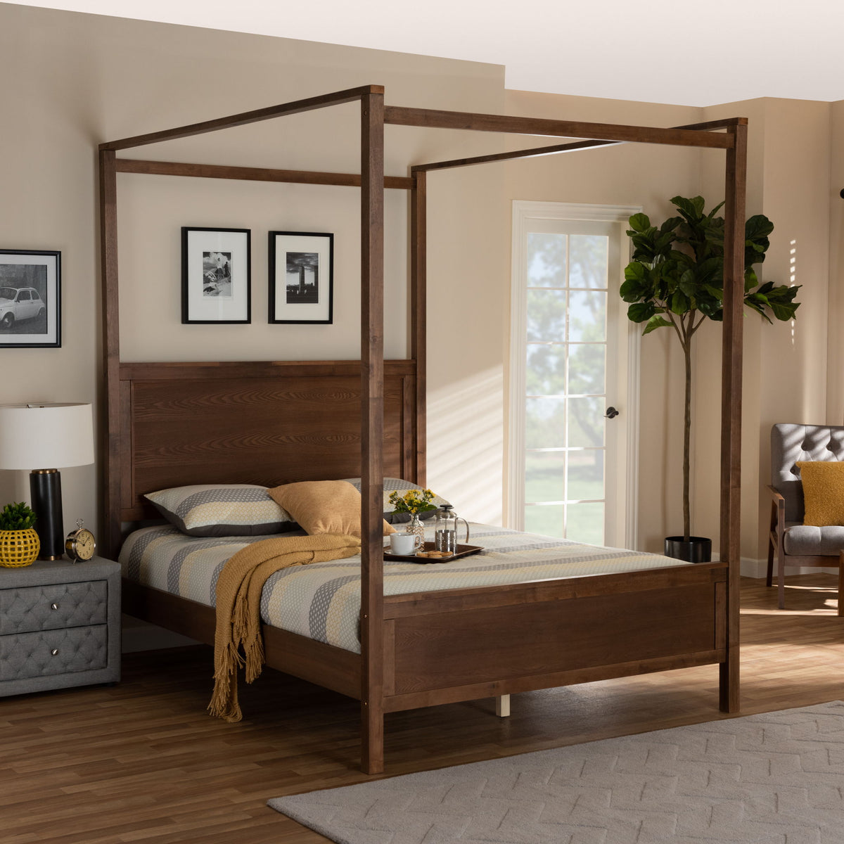Veronica Modern and Contemporary Walnut Brown Finished Wood King Size Platform CaNopy Bed