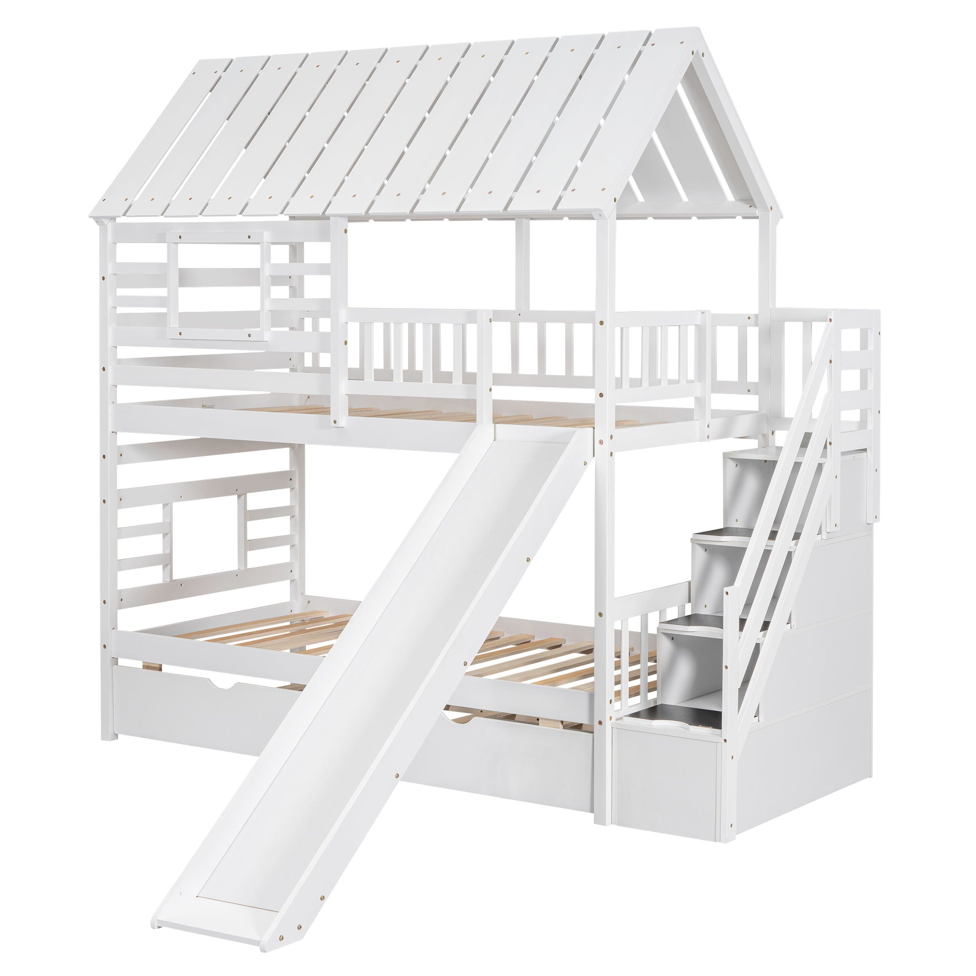 House Bunk Bed With Trundle, Storage Staircase, Roof And Window Design