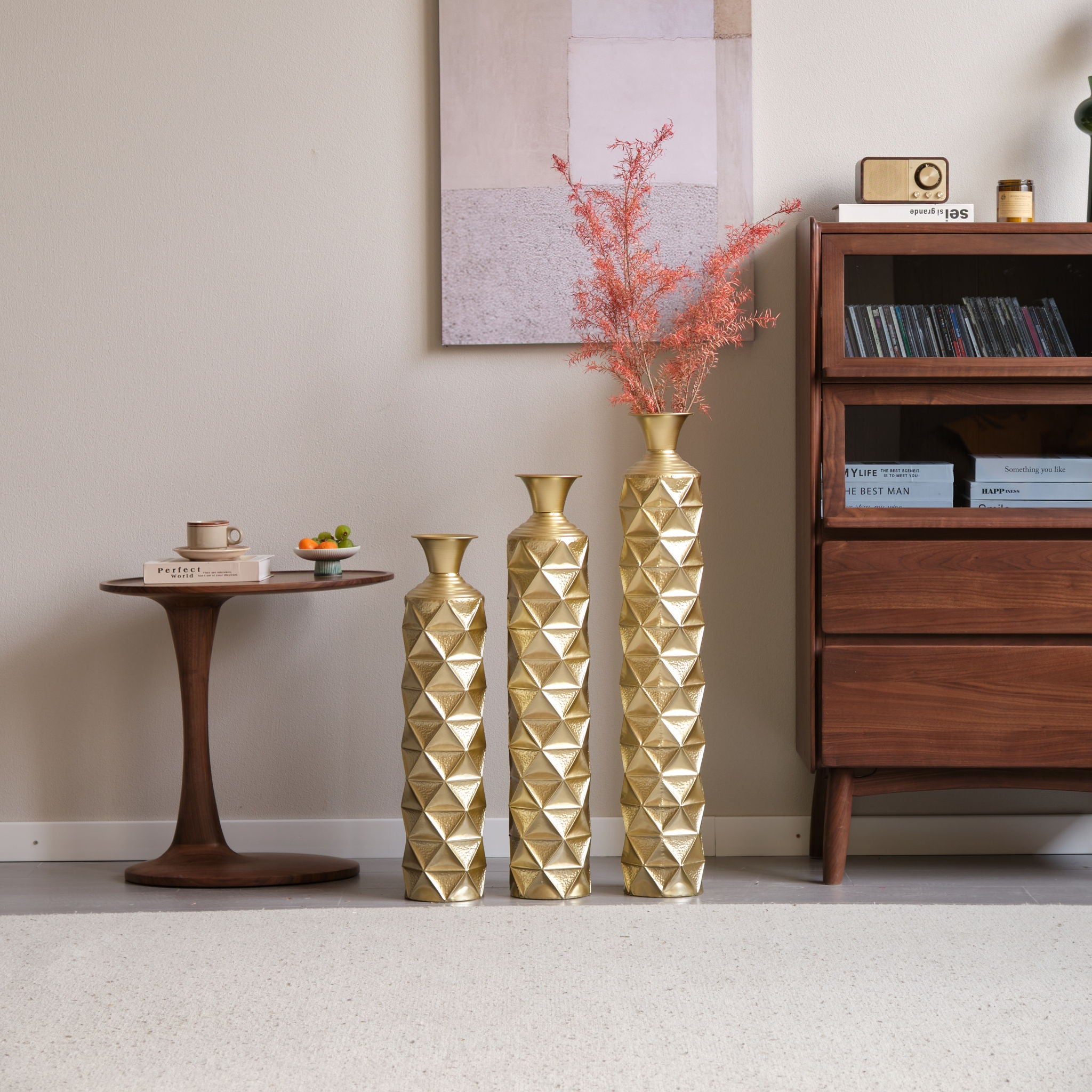 Metal Decorative Vase High Distress Metal Center Vase With 3D Triangle Pattern, (Set of 3) Vases For Home Decoration - Gold