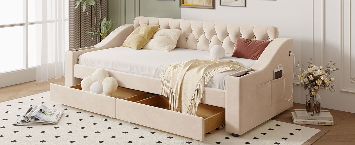Upholstered Daybed With Storage Armrests And USB Port