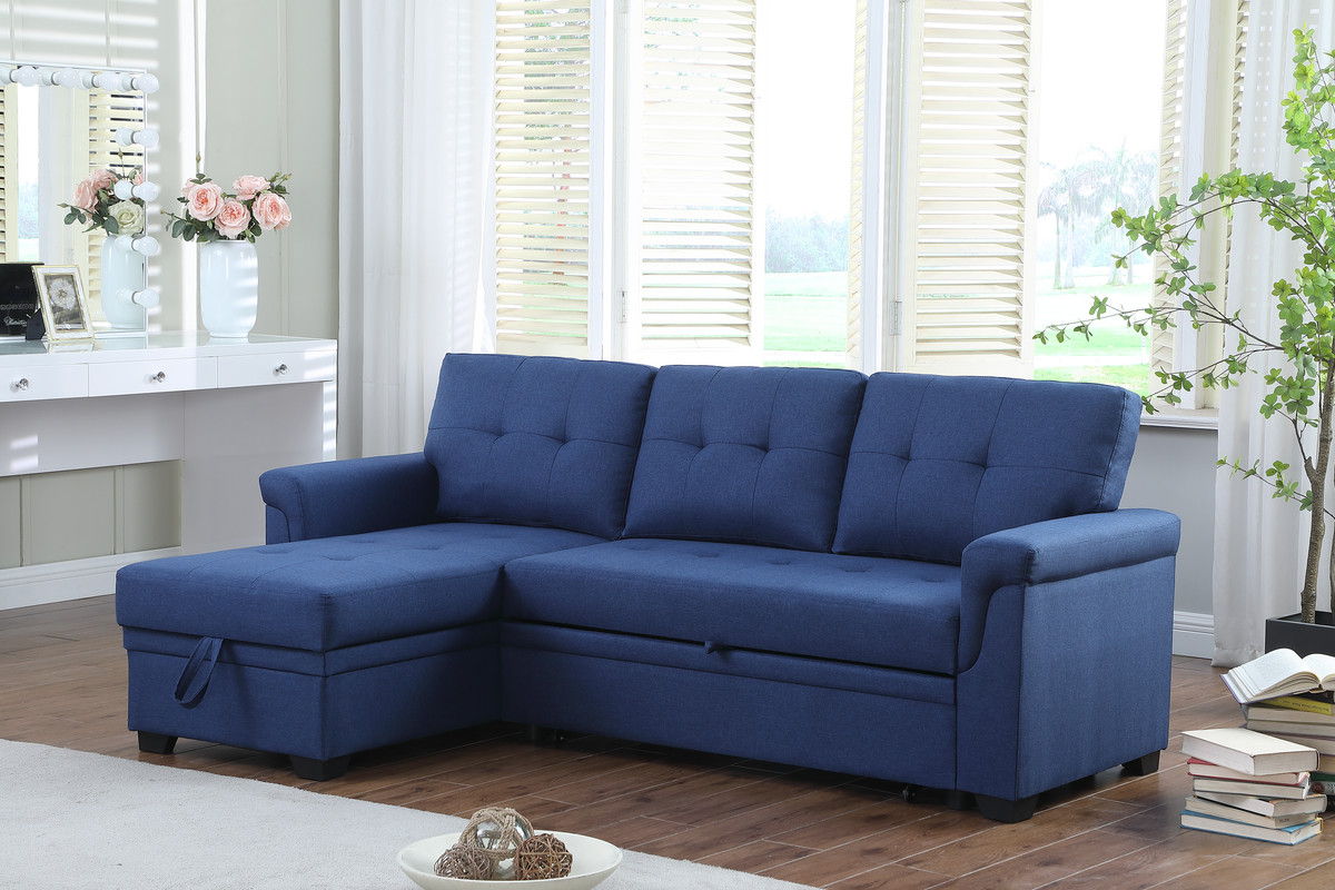 Lucca 84"W Blue Linen Reversible Sleeper Sectional Sofa with Storage Chaise