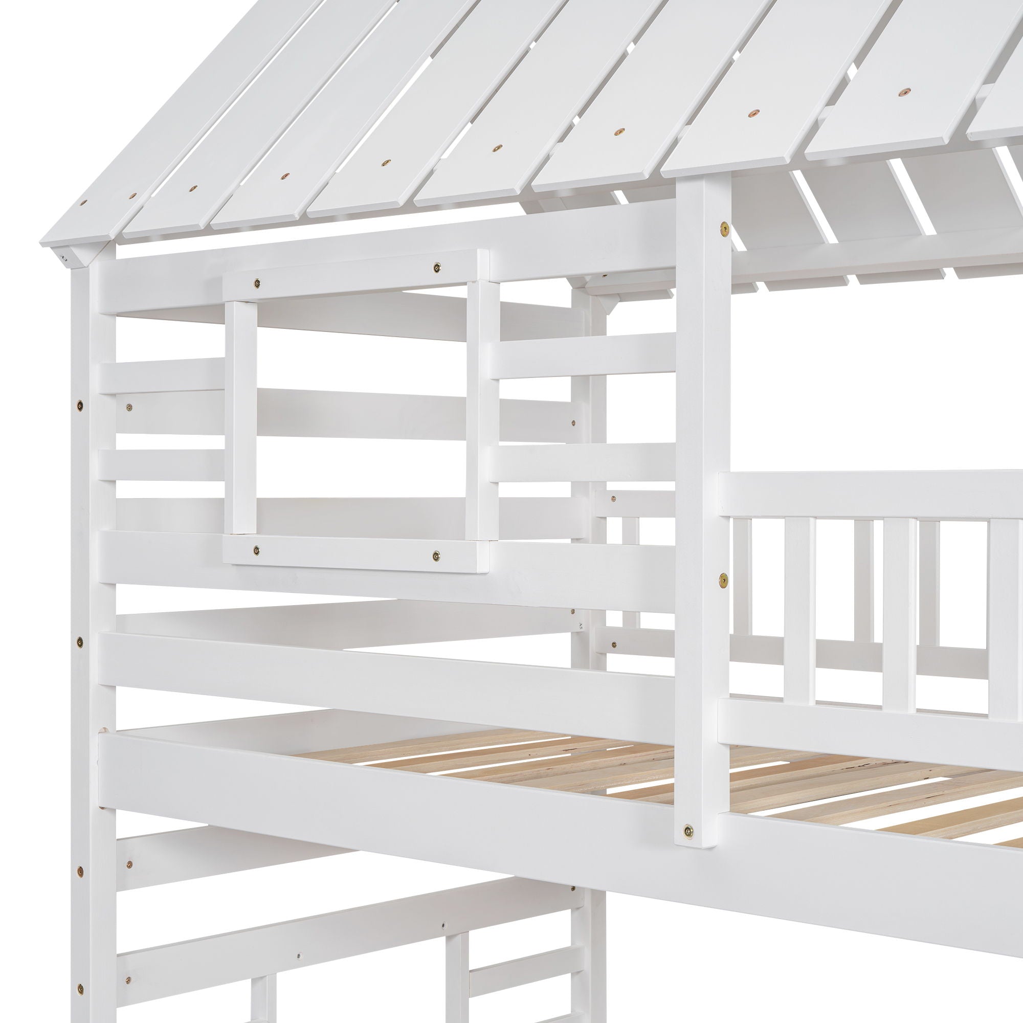 House Bunk Bed With Trundle, Storage Staircase, Roof And Window Design