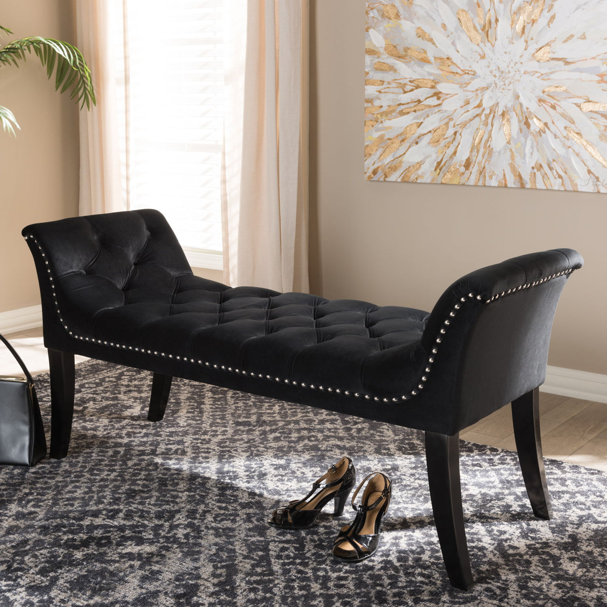 Chandelle Luxe and Contemporary Black Velvet Upholstered Bench