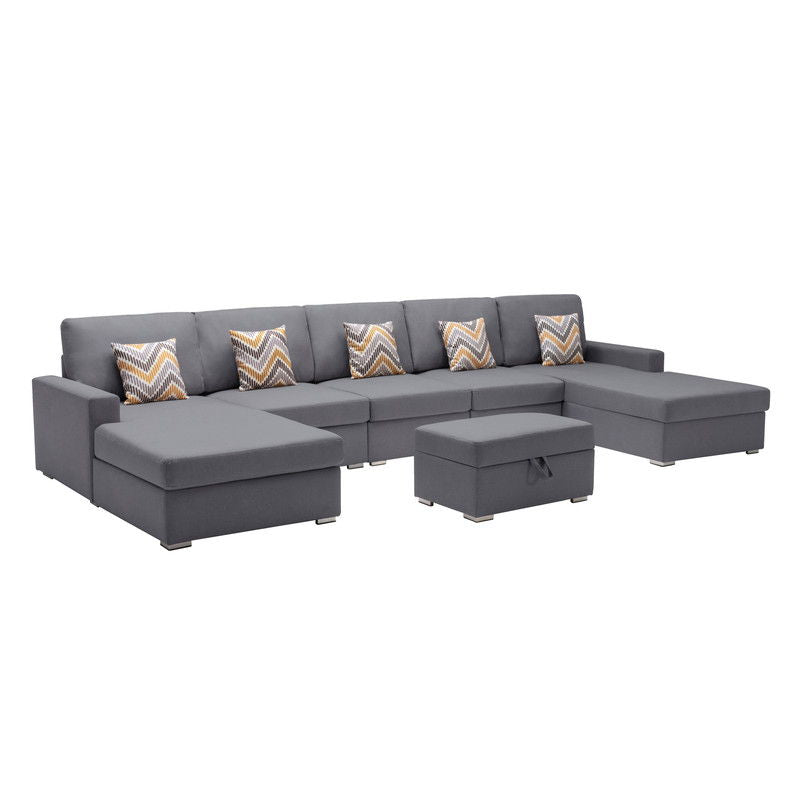 Nolan 152"W Gray Linen Fabric 6Pc Double Chaise Sectional Sofa with Interchangeable Legs, Storage Ottoman, and Pillows