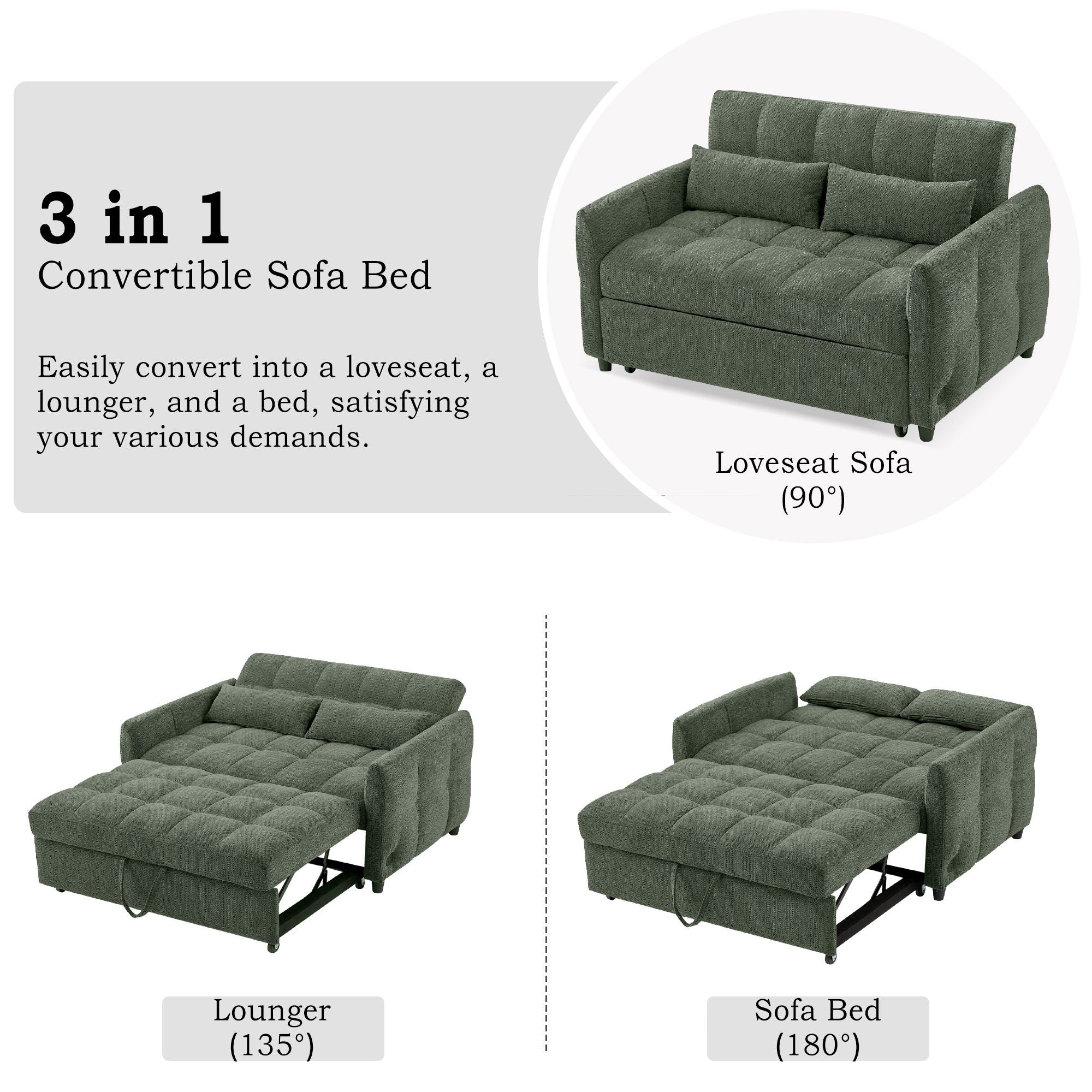 Loveseat Sofa Pull-Out Bed With Adjustable Backrest, 3 USB Ports And 2 Lumbar Pillows For Living Room