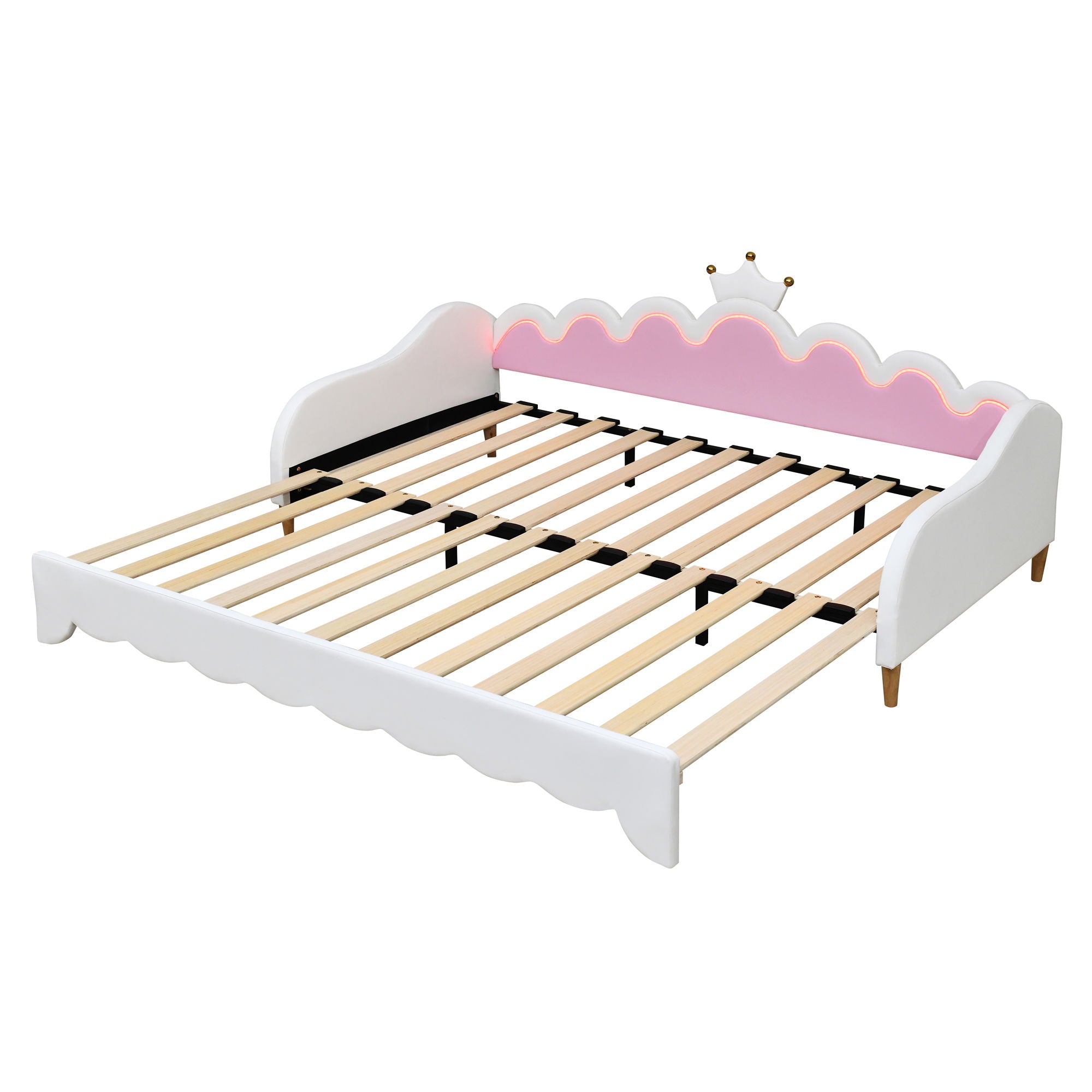 Extending Daybed With LED Lights, Modern Upholstered Princess Daybed With Crown Headboard