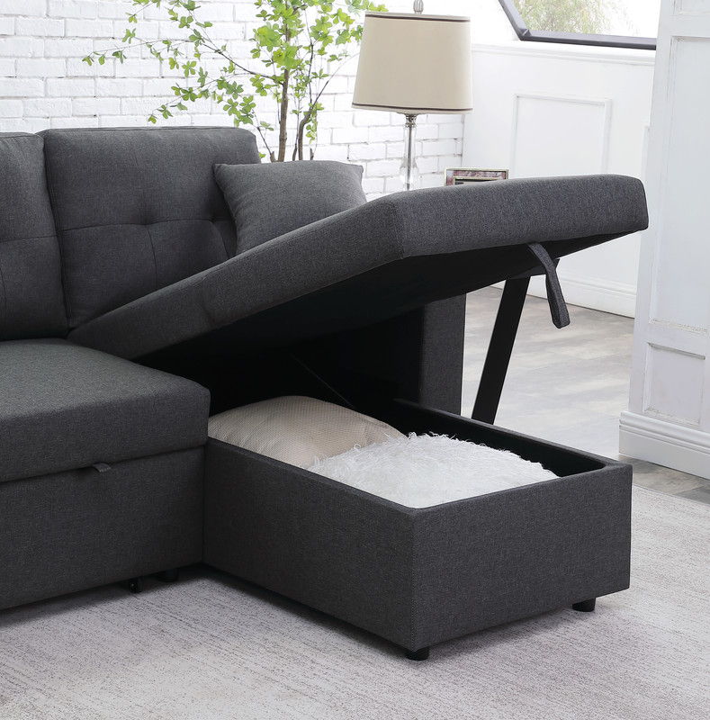 Dennis 93"W Dark Gray Linen Fabric Reversible Sleeper Sectional with Storage Chaise and 2 Stools