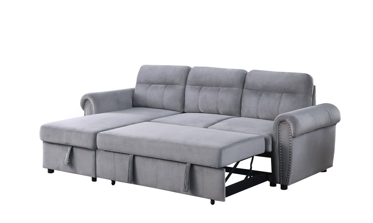 Ashton 96.5"W Gray Velvet Fabric Reversible Sleeper Sectional Sofa Chaise