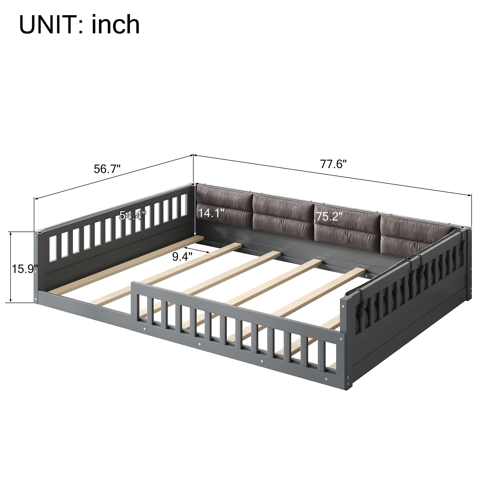 Upholstered Platform Bed With Guardrail And Pillow