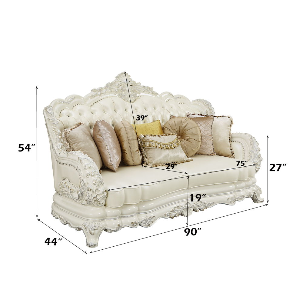 Adara - Sofa With 7 Pillows - Pearl White Synthetic Leather & Antique White