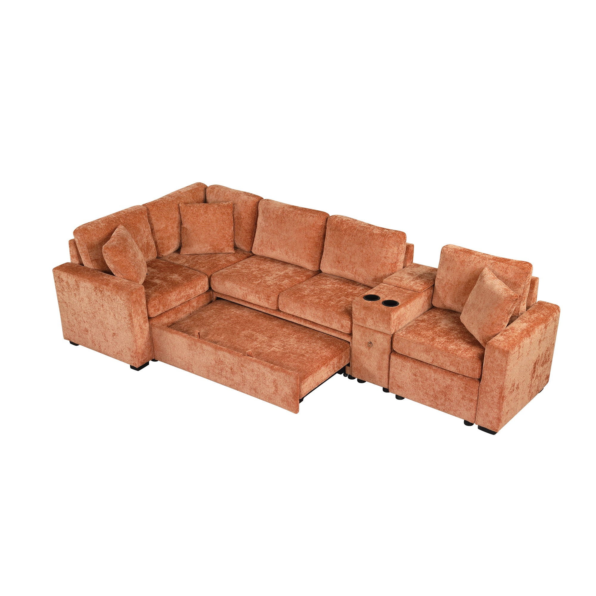 Contemporary L Shaped Convertible Sofa Bed With Pull Out Bed, Cup Holders, And Storage