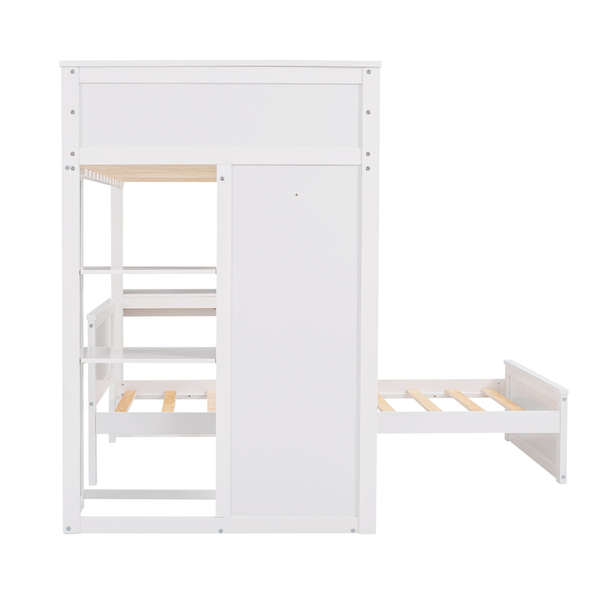 Loft Bed With A Stand Alone Bed, Shelves, Desk, And Wardrobe