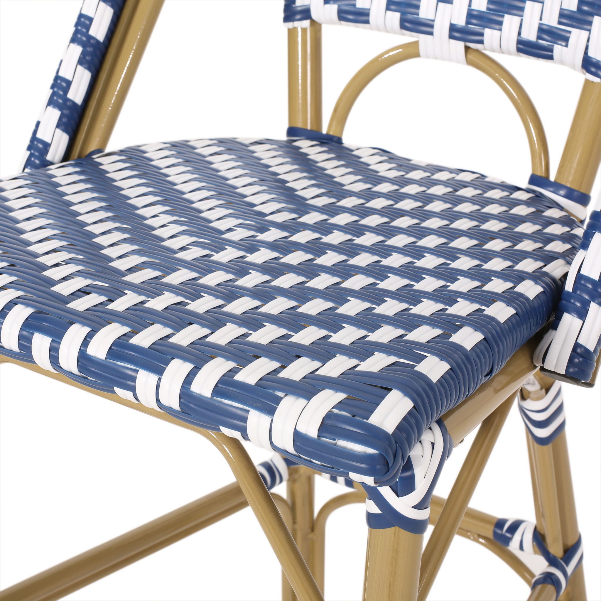Outdoor Rattan French Barstool Set,, Bamboo, Seat Height - Navy Blue / White