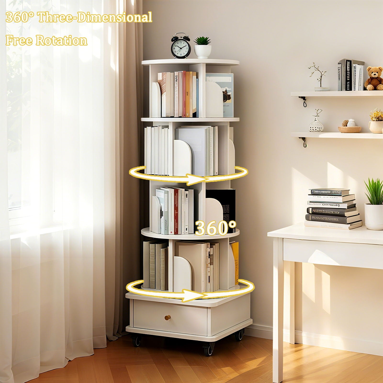 Rotating Bookshelf With Wheels And Drawer, 360° Spinning Design, Space Saving Storage