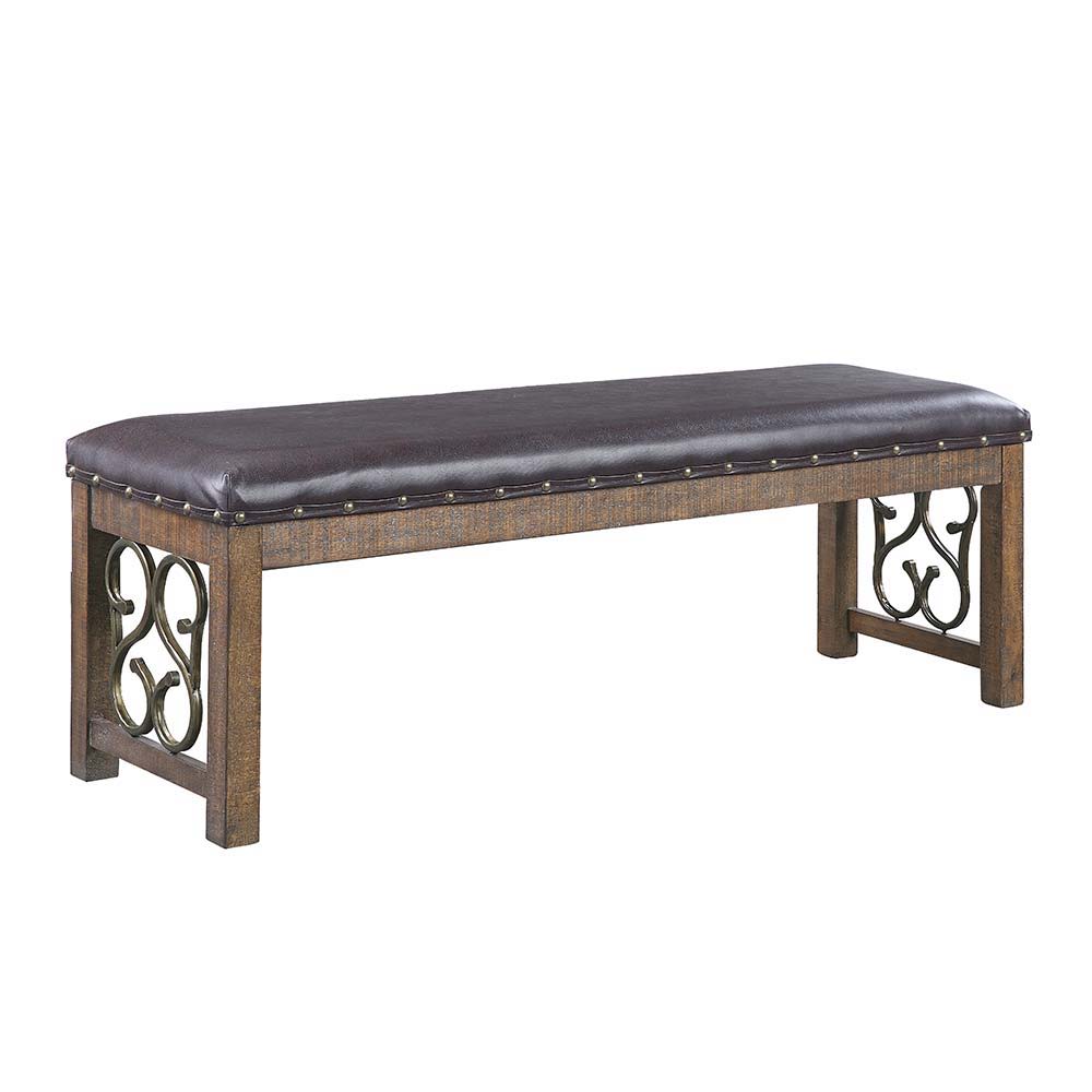 ACME Raphaela - Bench - Black PU & Weathered Cherry Finish | Meri Furniture
