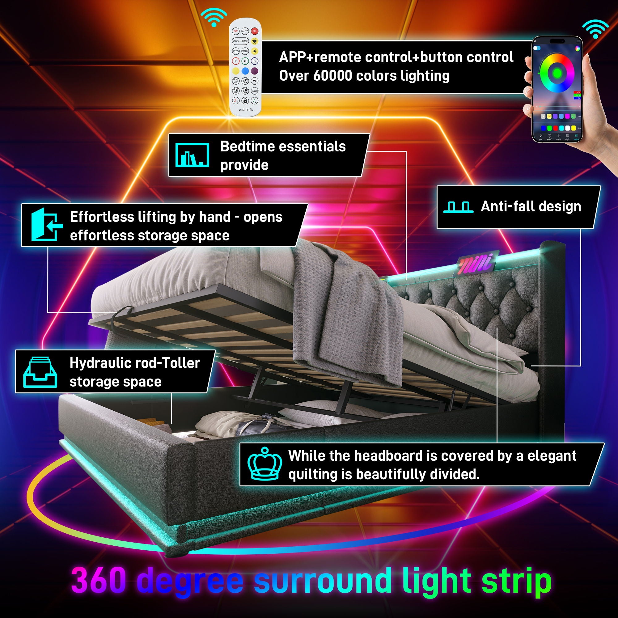 Upholstered Bed, 360 Surround LED Function, Remote Control, Hydraulic Storage Bed With USB, Type-C Charging (Without Mattress)