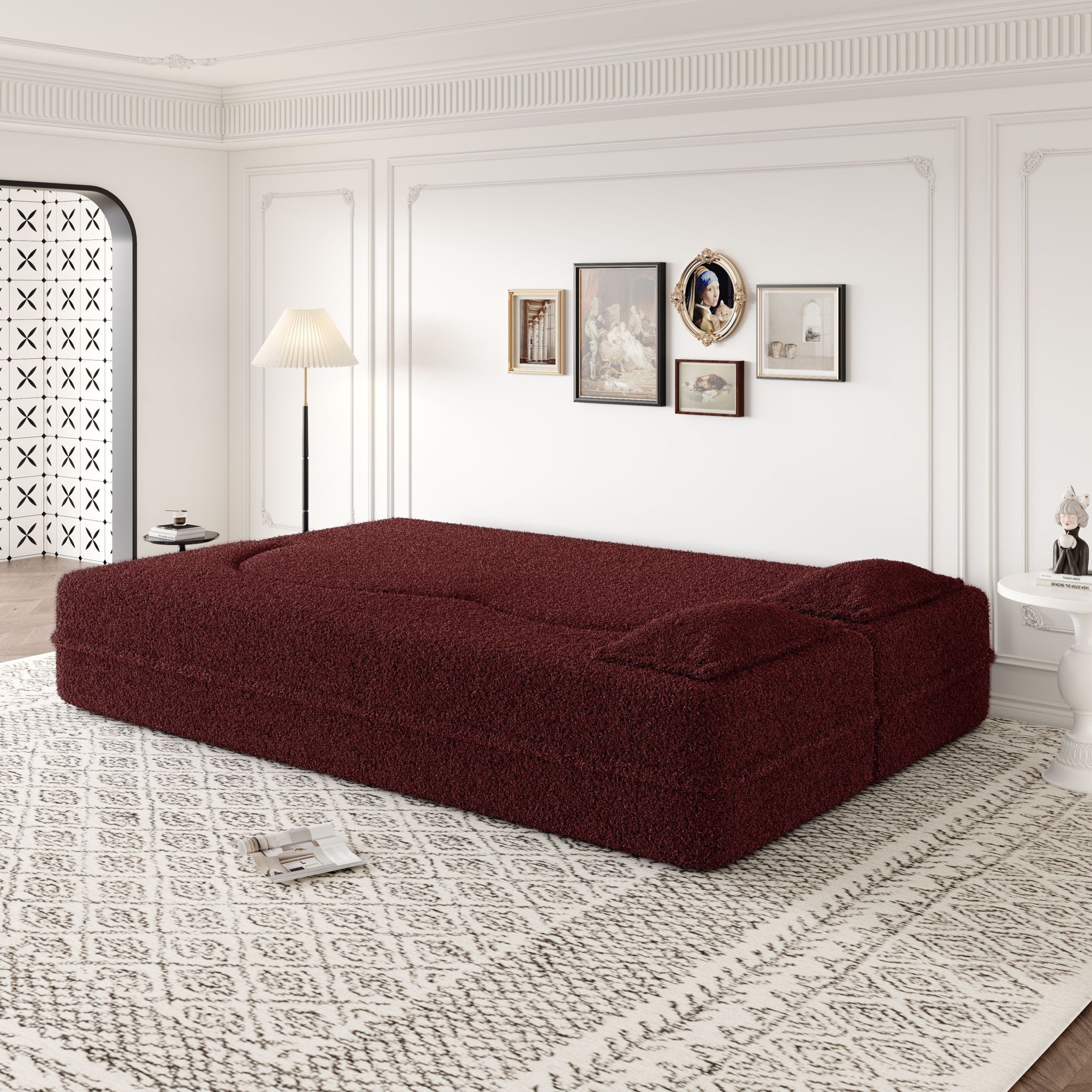 Modern Floor Sofa, With 2 Pillows, Convertible Teddy Fabric Foam Filled Bed
