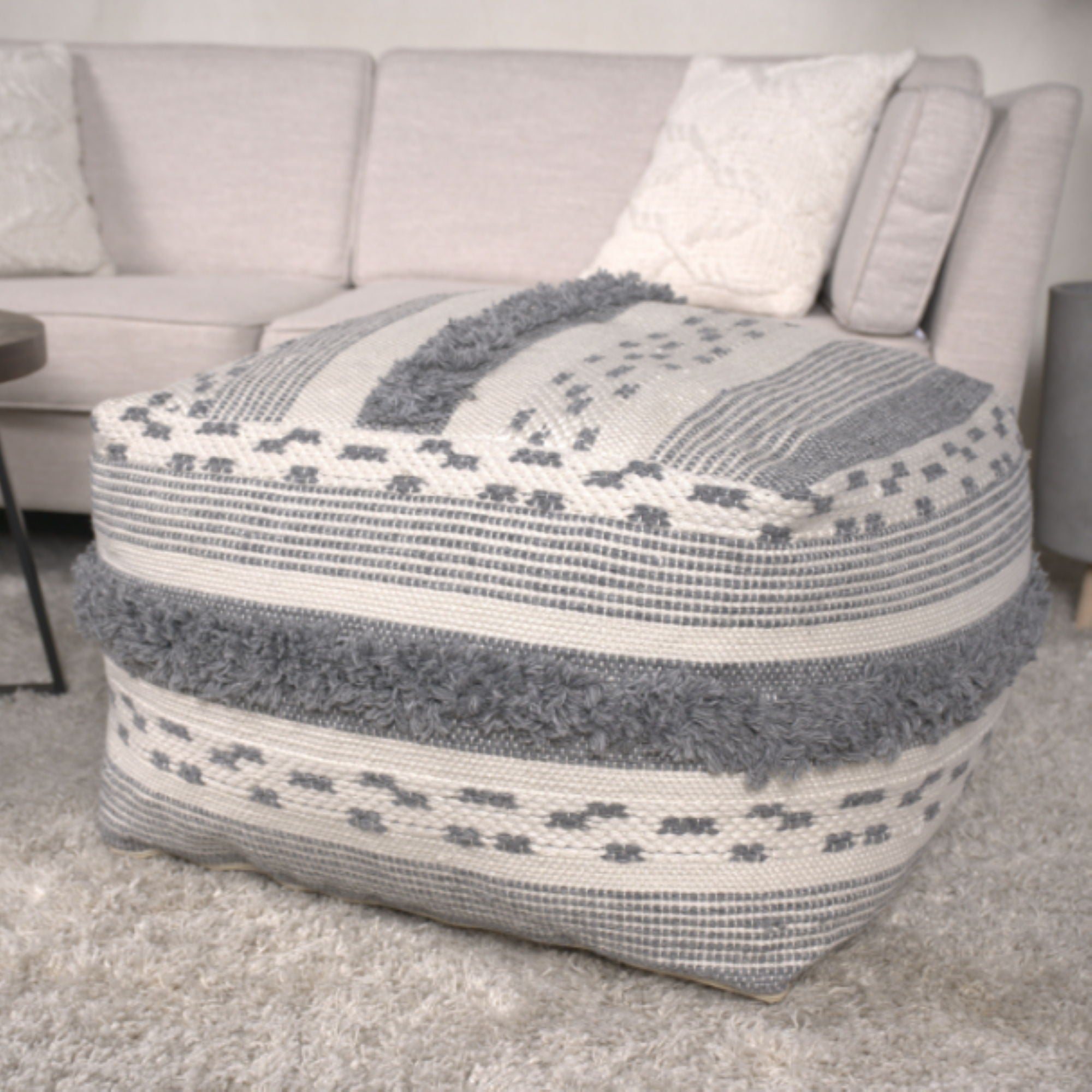 Karim - Faux Yarn Large Pouf, Durable - Ivory / Gray