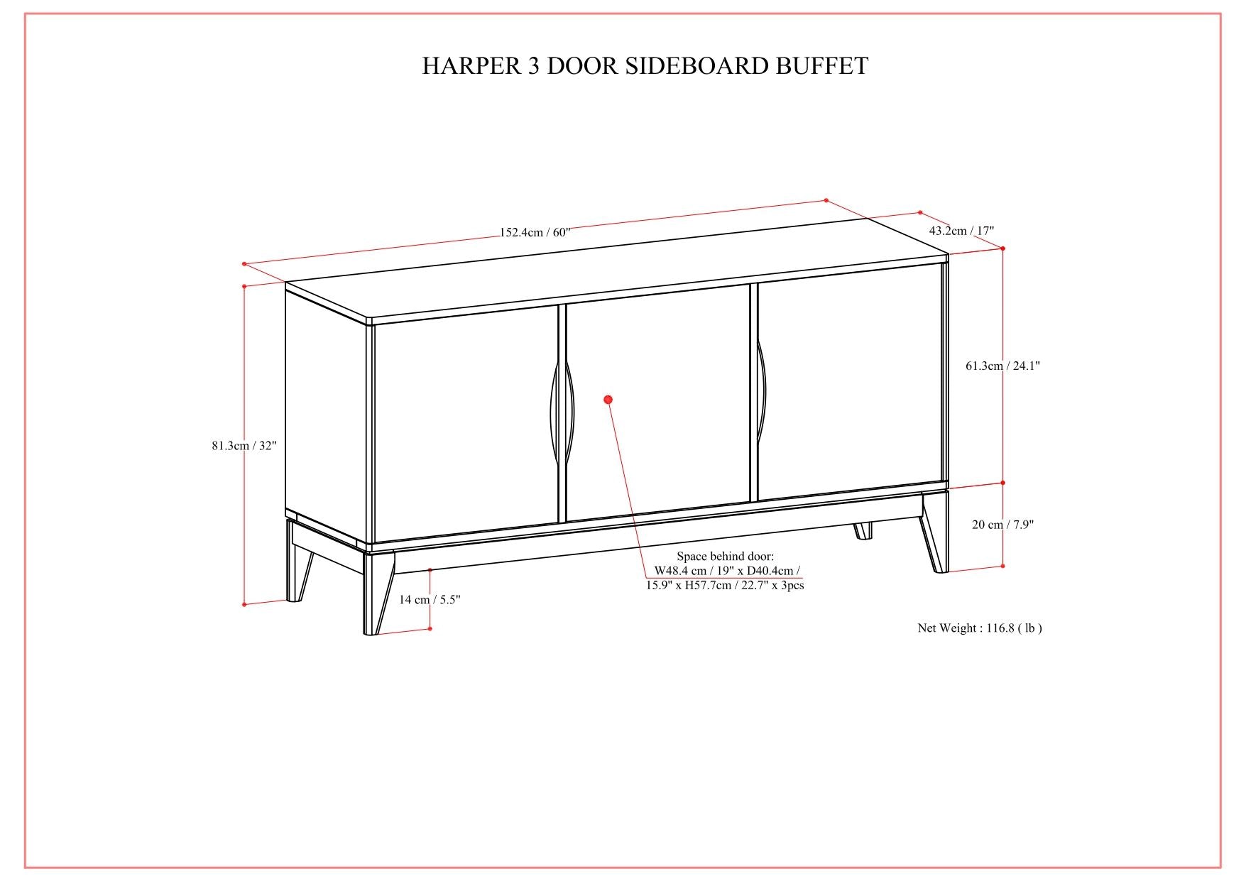 Harper - 3 Door Sideboard Buffet / Storage Cabinet - Walnut Brown