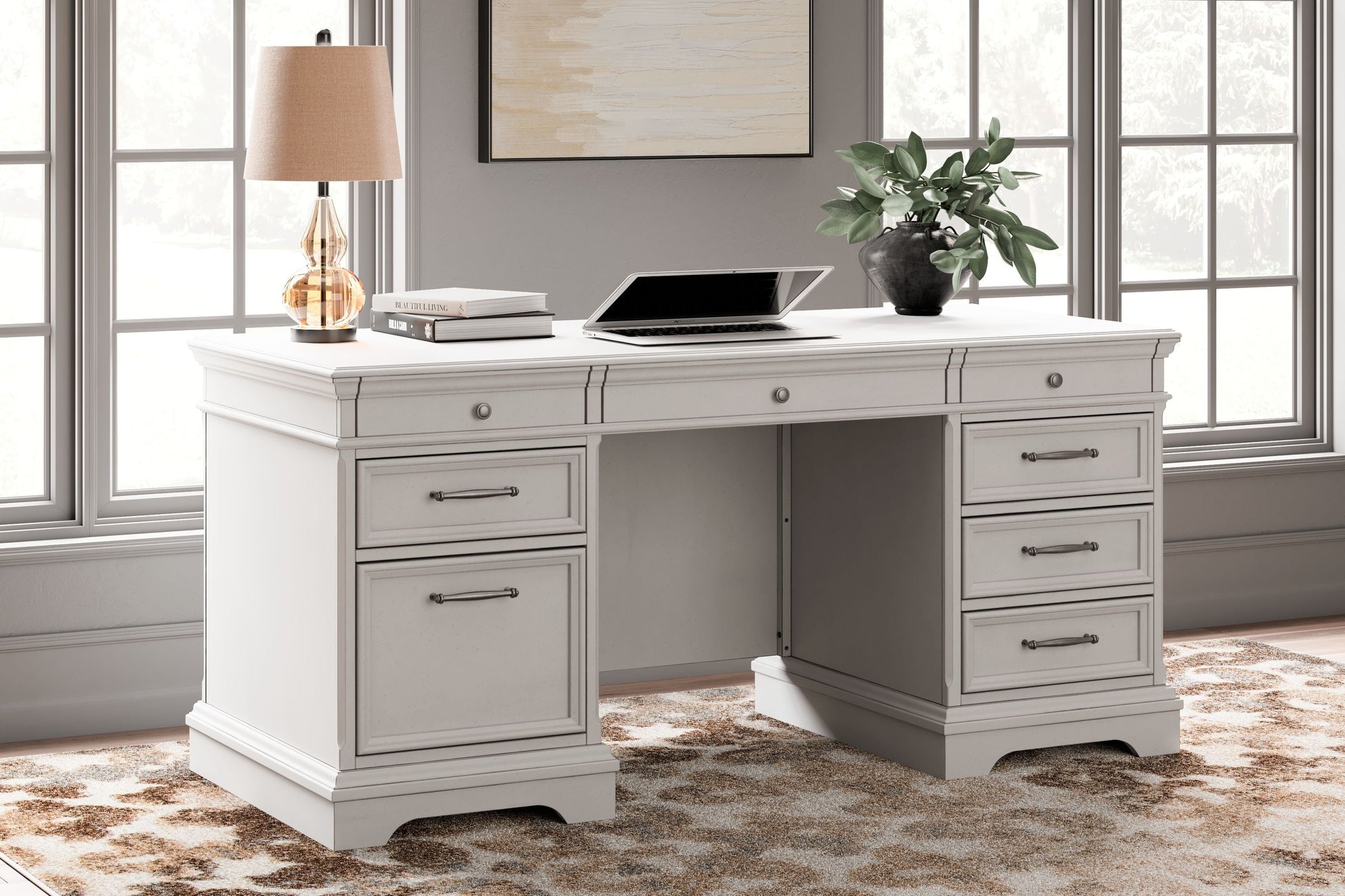Signature Design by Ashley® Kanwyn - Whitewash - Home Office Desk With Eight Drawers | Meri Furniture