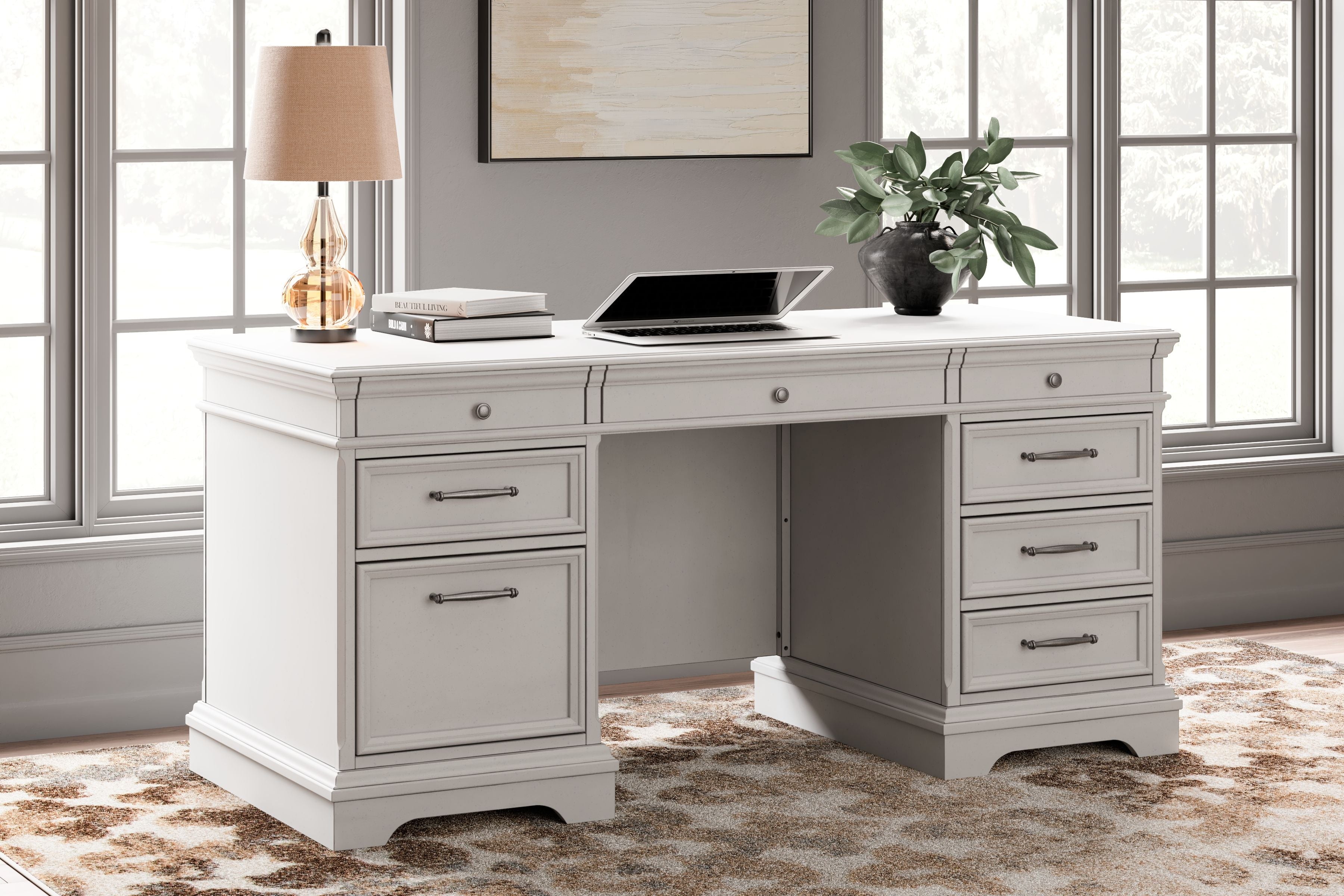 Signature Design by Ashley® Kanwyn - Whitewash - Home Office Desk With Eight Drawers | Meri Furniture