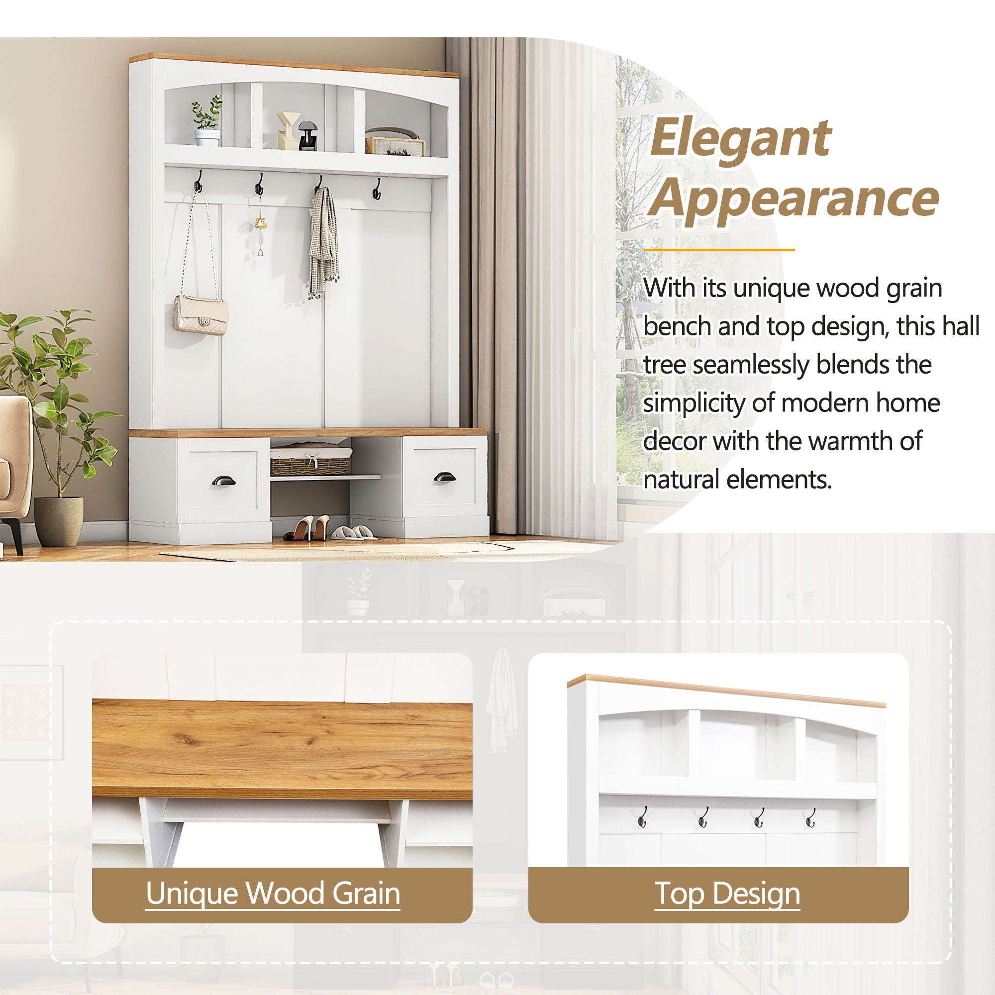 Farmhouse 4 In 1 Hall Tree With Wood Grain Bench And Top