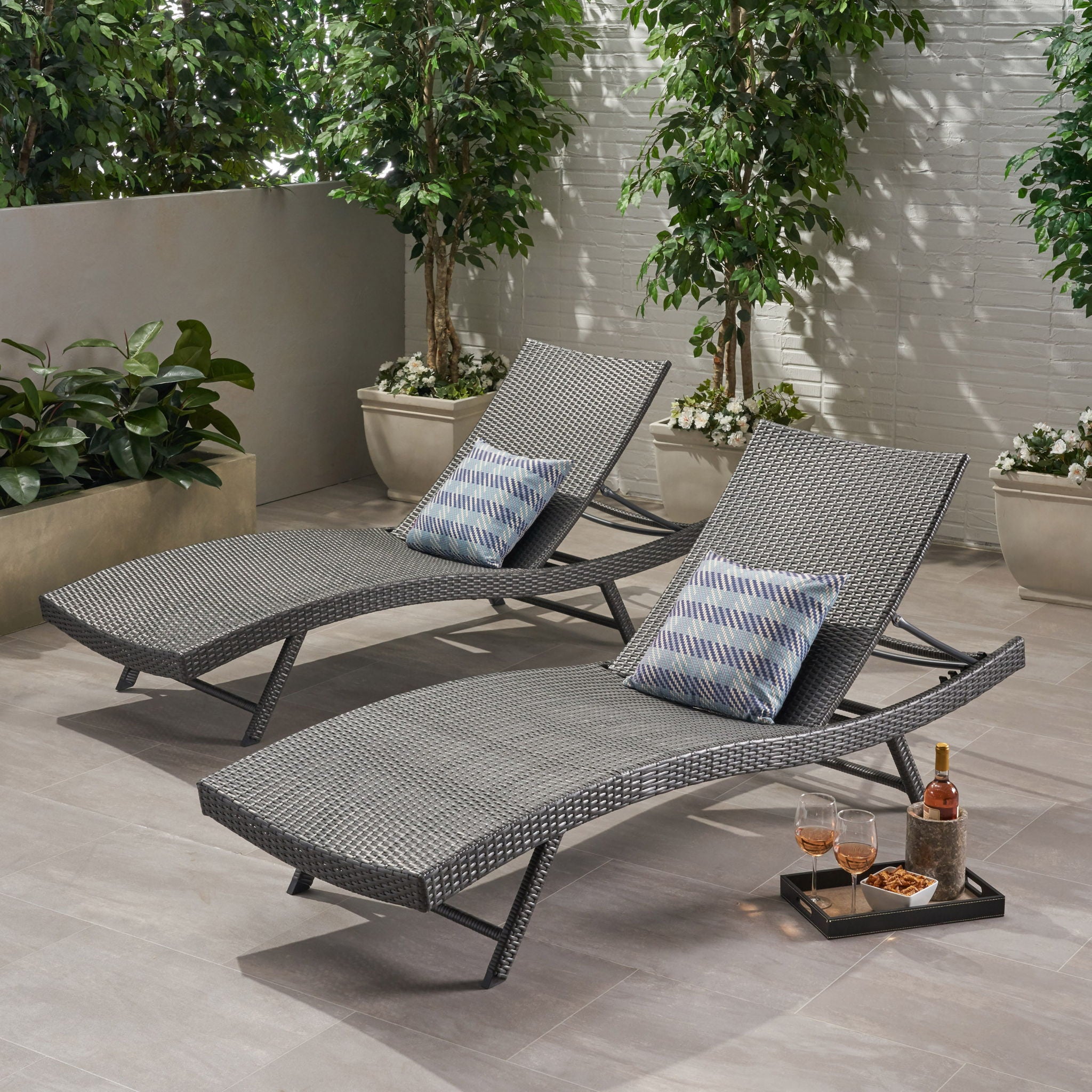 Wicker Chaise With Adjustable Reclining Seats (Set of 2) - Gray