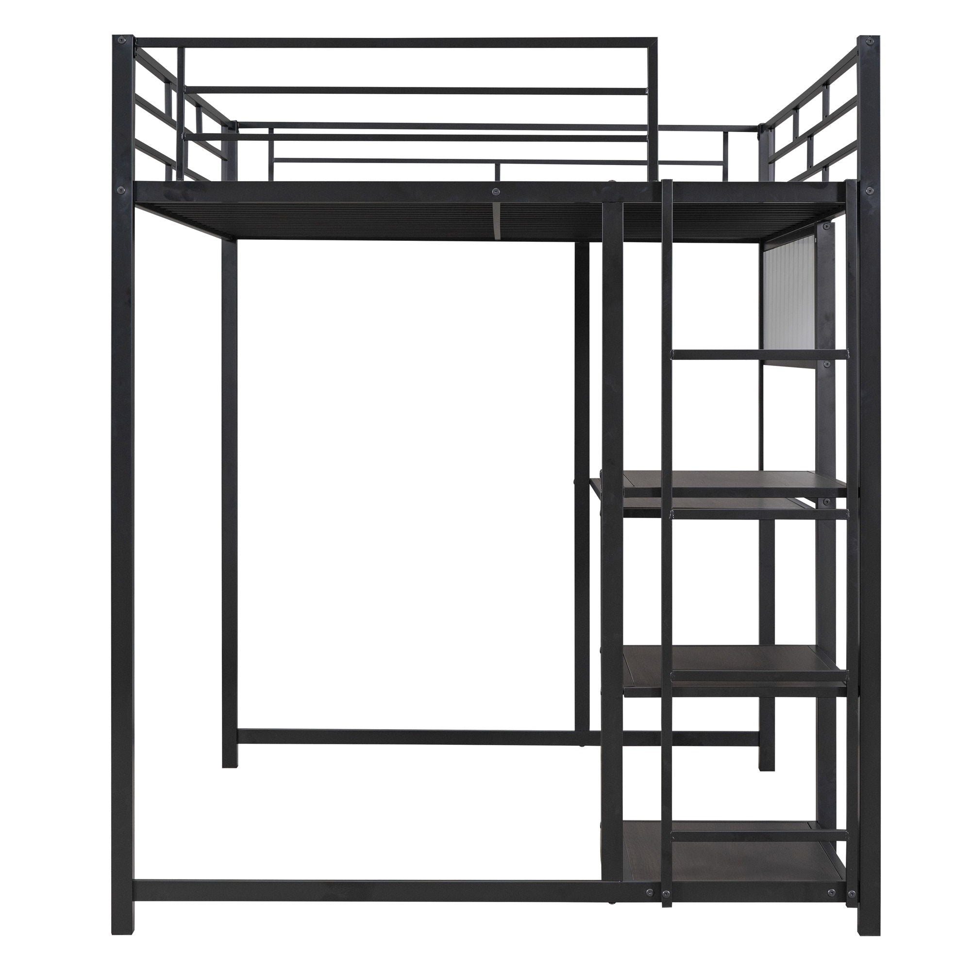 Metal Loft Bed With Desk, 3 Shelves And Ladder