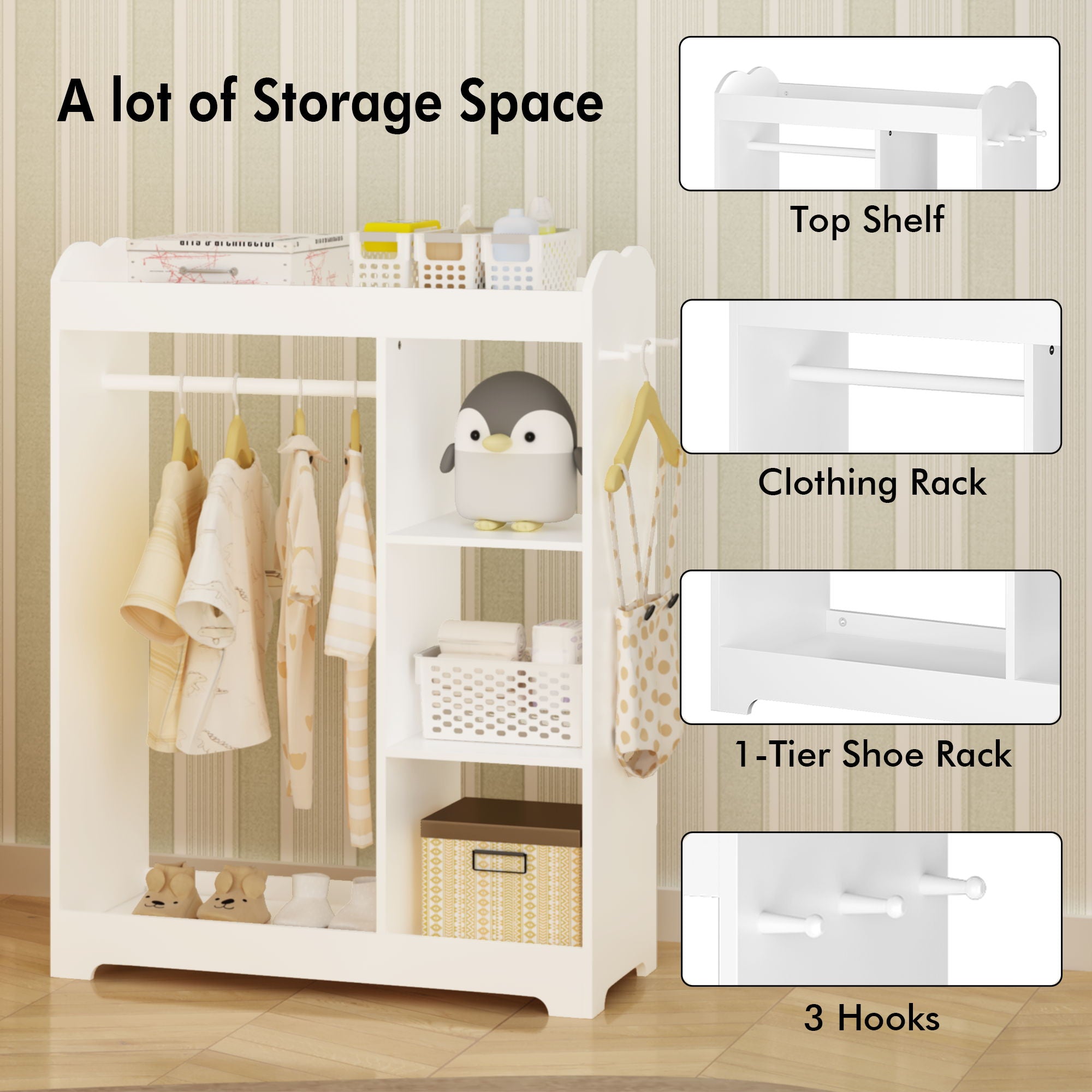 Dress Up Storage With Mirror And Hooks, Clothes Rack With Hanging Rod, 3 Side Hooks, Open Shelves, Top Shelf Organizer - White